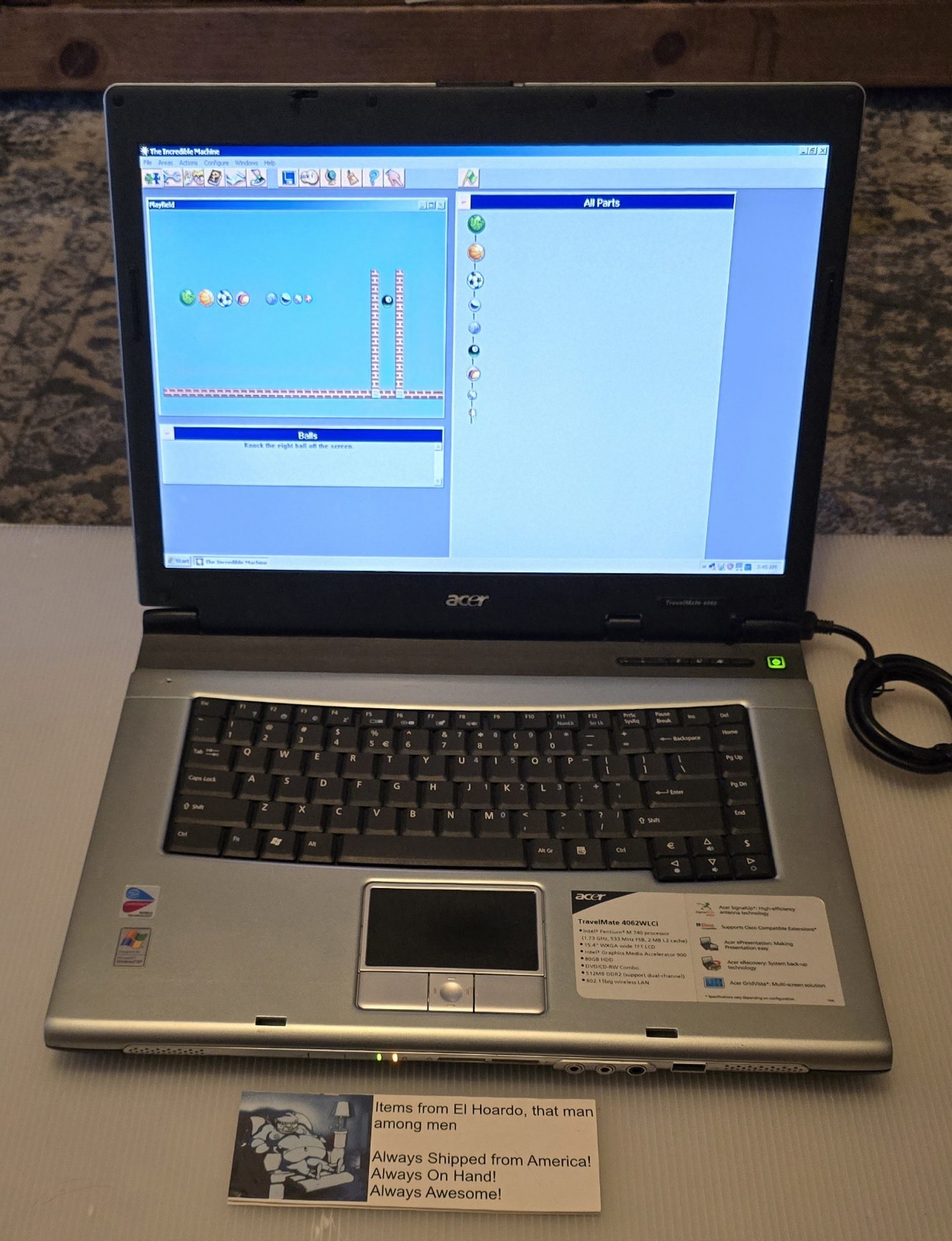 Acer Travelmate 4062 WLCi Laptop 1GB Ram 80GB HDD 1.73 Ghz Pentium M Win XP DVD