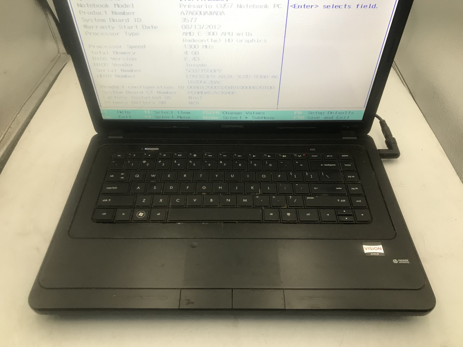 COMPAQ PRESARIO CQ57 – BOOTS TO BIOS – AMD E 300 – NO RAM – 15″ – READ DESC – BB
