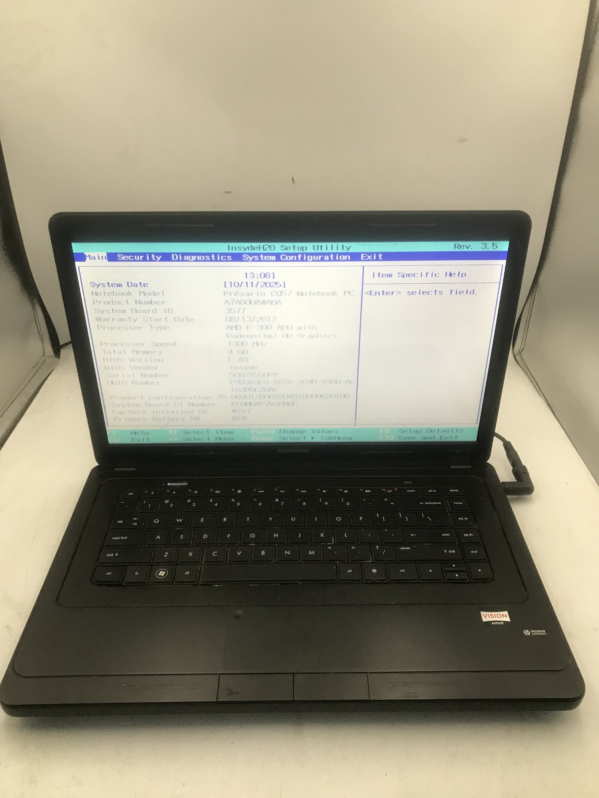 COMPAQ PRESARIO CQ57 – BOOTS TO BIOS – AMD E 300 – NO RAM – 15″ – READ DESC – BB