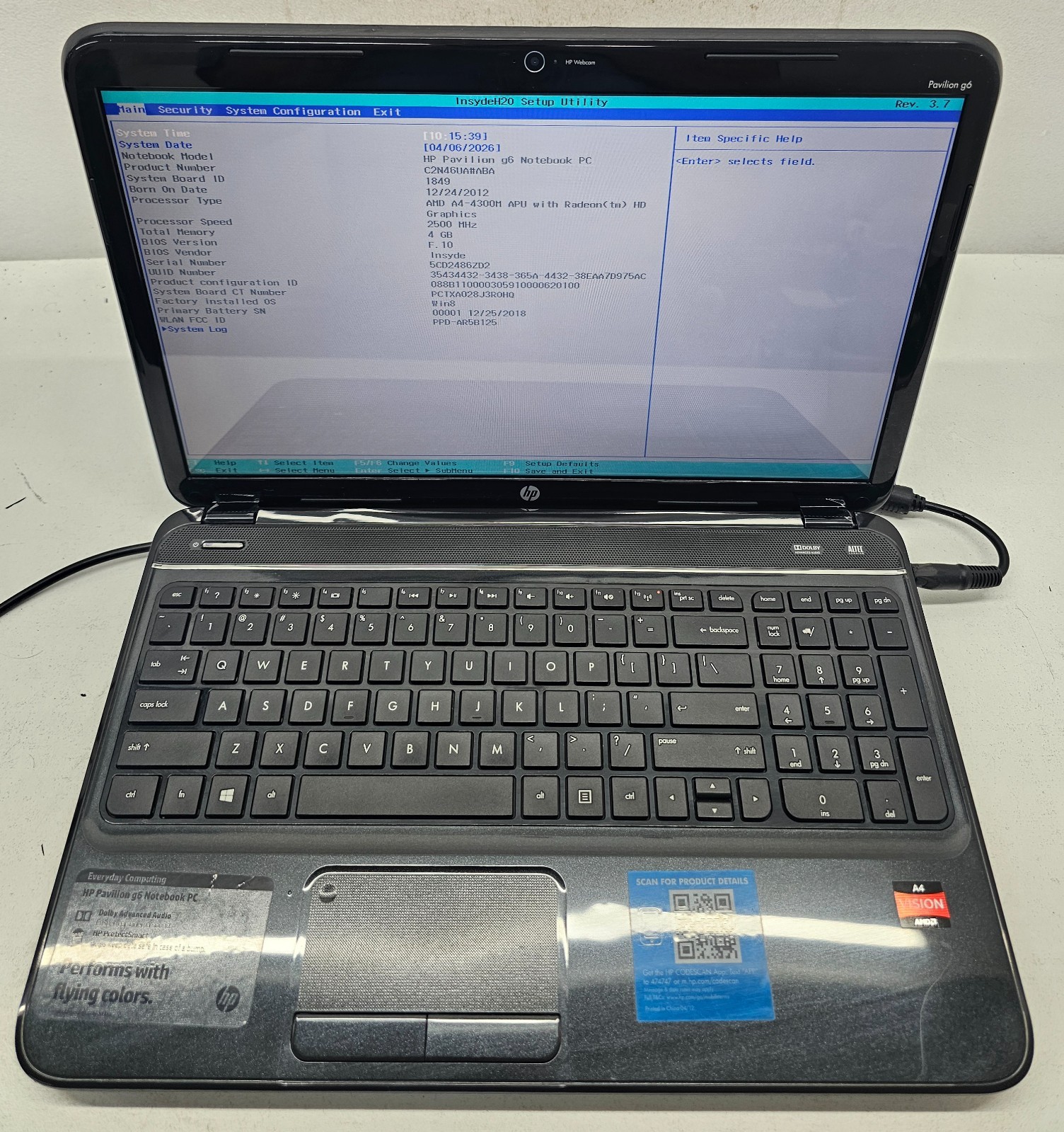 HP Pavilion G6-2210US 15.6″ Laptop AMD A4-4300M 4GB Ram NO HD/OS (FL)