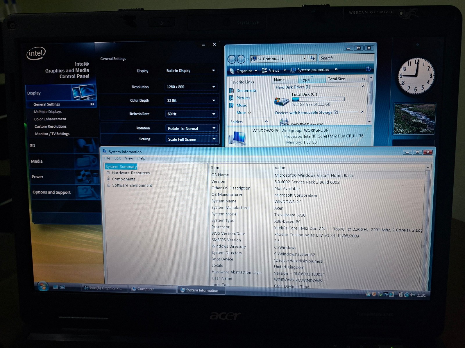 Acer Travelmate 5730 Laptop 15.4″ 1GB 120GB SSD Windows Vista SP2 32 BIT HDMI