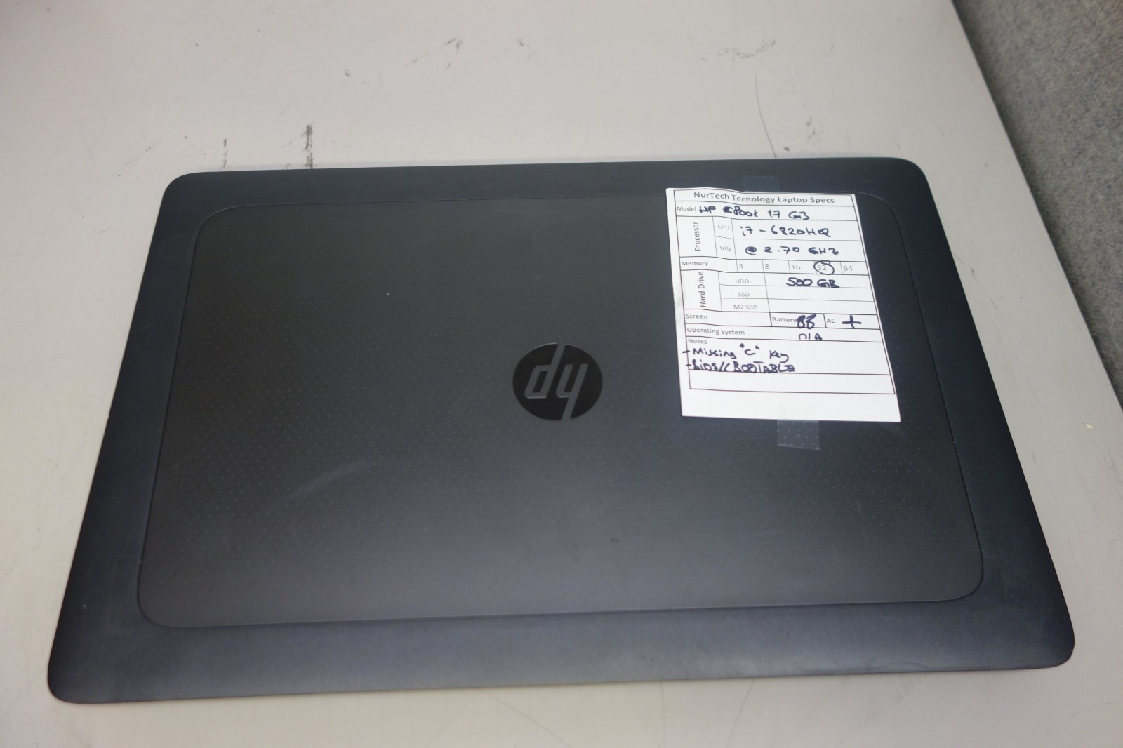 HP ZBook 17 G3 17.3″ i7-6820HQ 2.7GHz 32GB/500GB Laptop AC[NO OS][BIOS][BADBTRY]