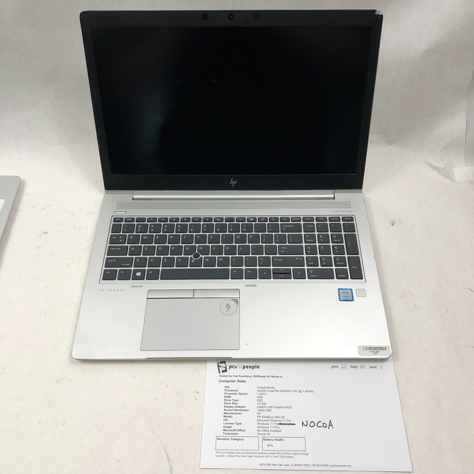 Lot of 3 HP EliteBook 850 G5/G6 15.6″ Core i5-8265U @ 1.60GHz 8GB RAM No SSD