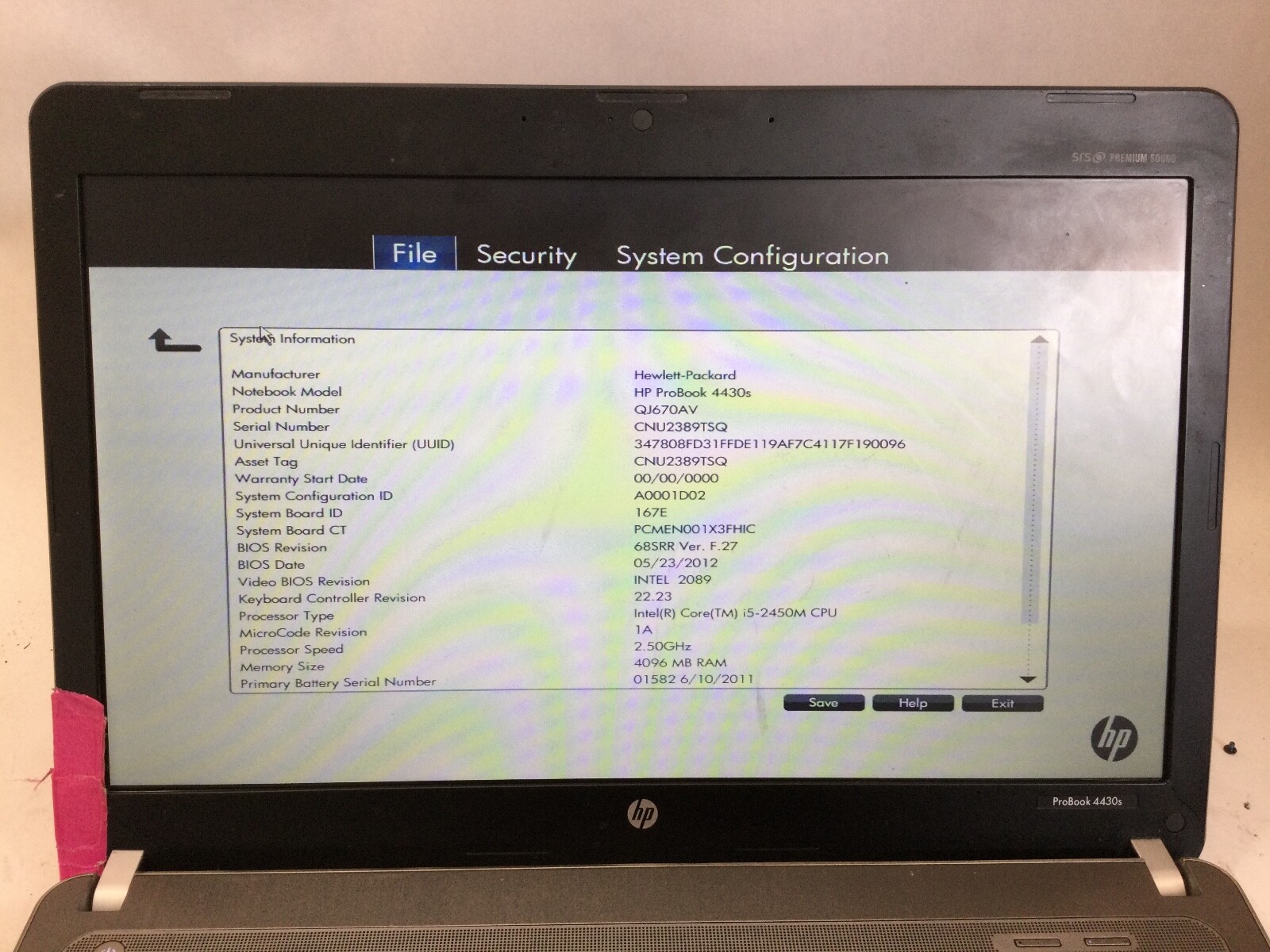 HP PROBOOK 4430S – BOOTS TO BIOS – INTEL I5 2430M – 4GB RAM – READ DESCRIP – BB!