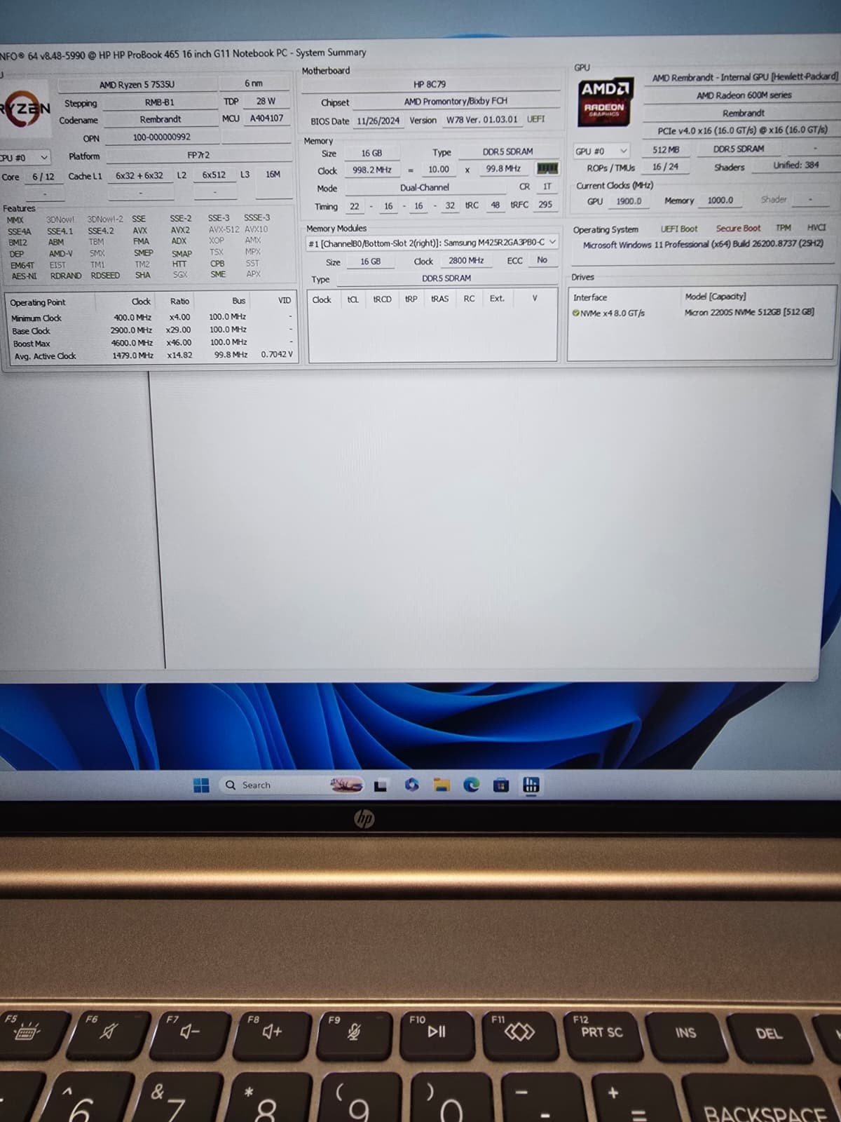 HP ProBook 465 G11 | Ryzen 5 7535U 16GB DDR5 RAM 512GB SSD | FHD+ Backlit FPS