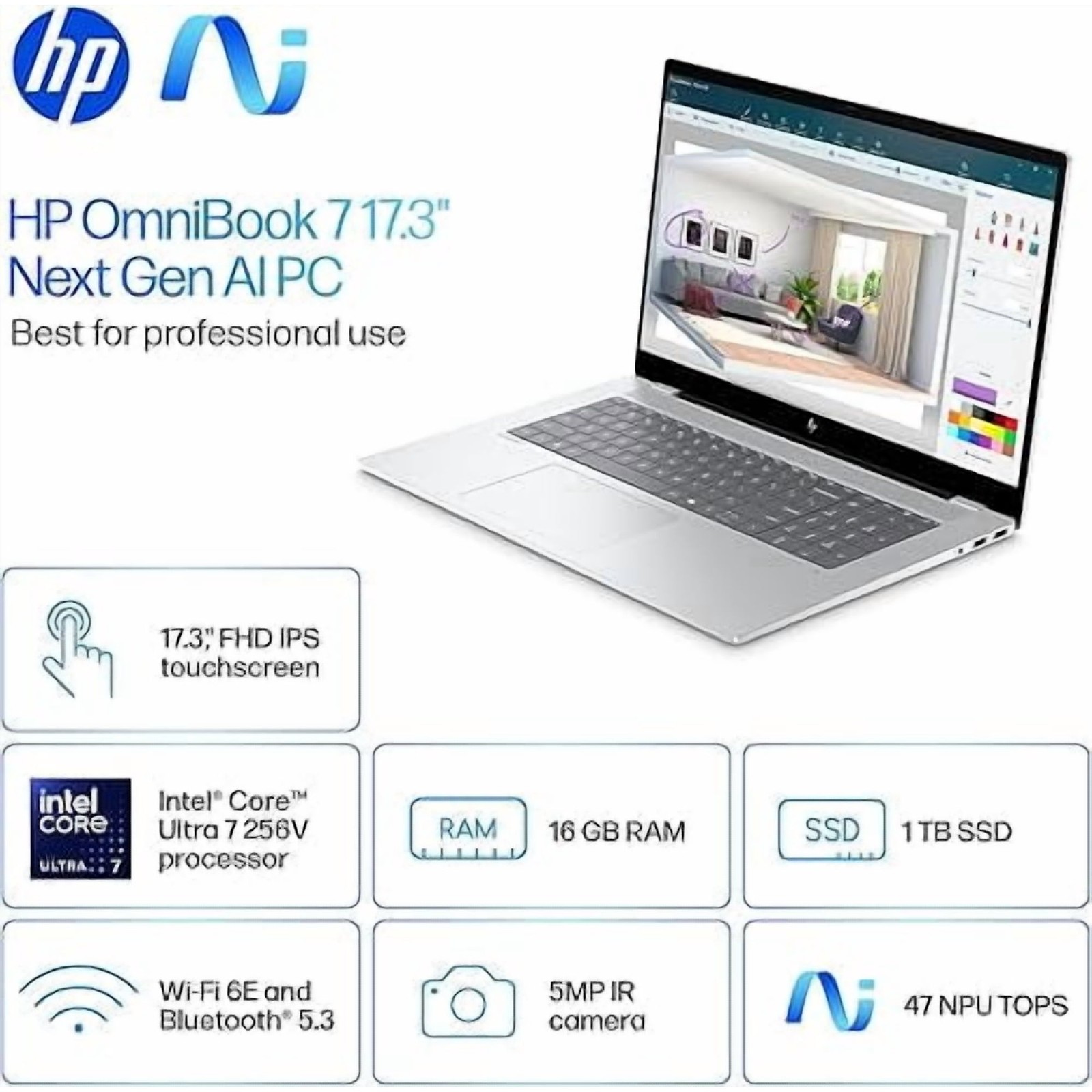 HP OmniBook X Laptop Computer 17.3″ FHD Touch Screen Intel Core Ultra 7 16 GB