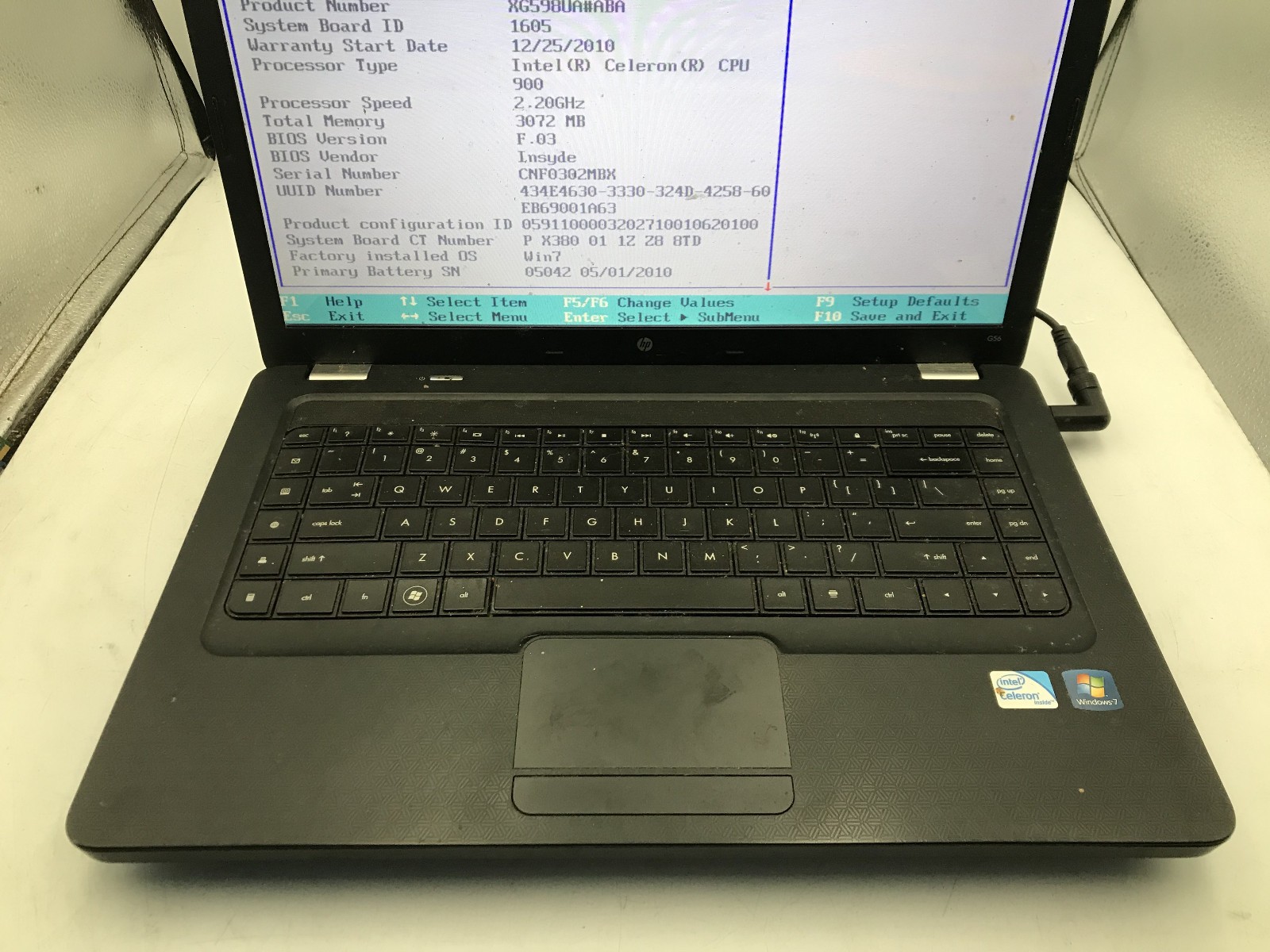 HP G56 129WM NOTEBOOK -BOOTS TO BIOS- INTEL CELERON 900 – 3GB RAM -READ DESC- BB