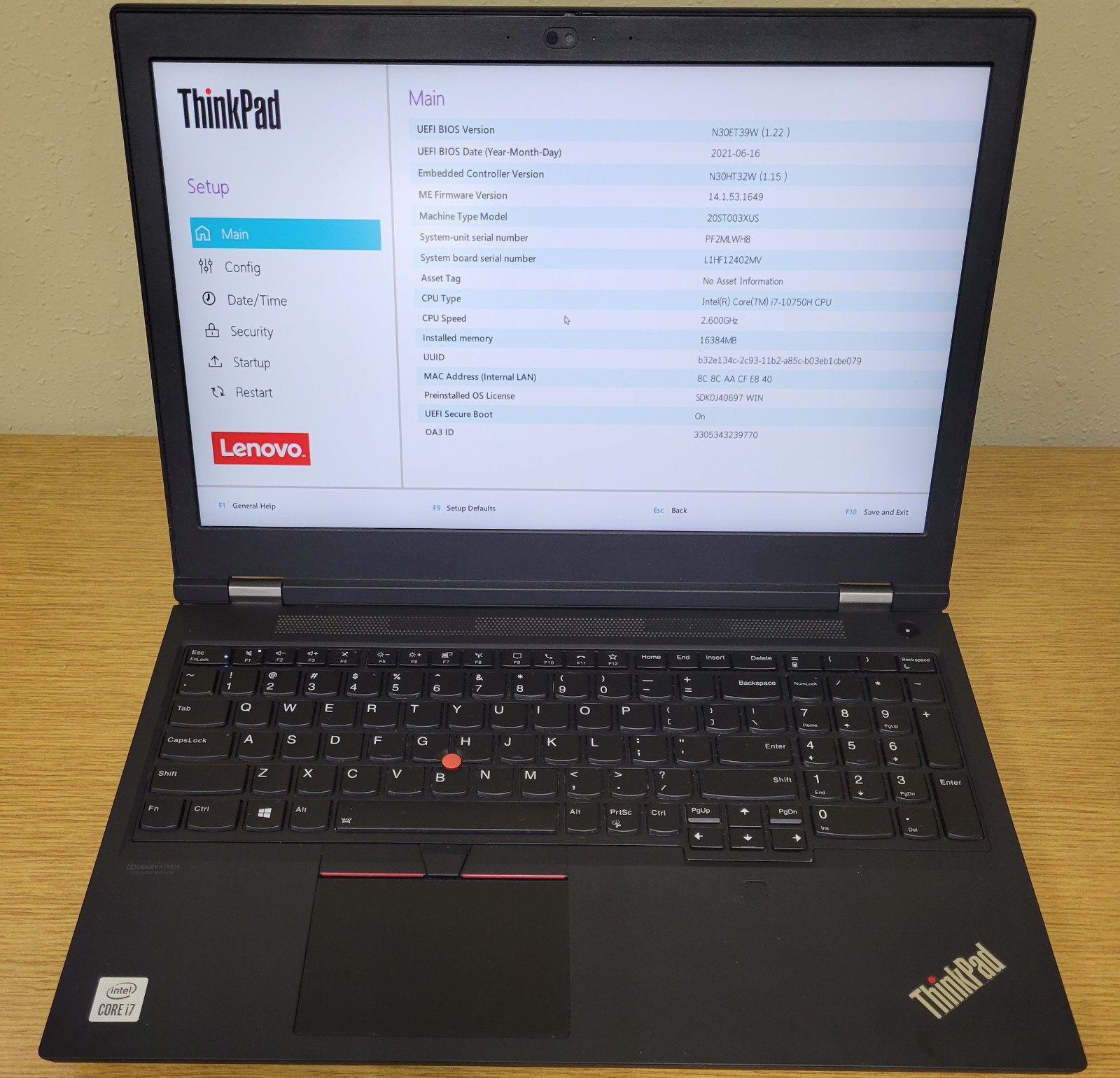 Lenovo ThinkPad P15 Gen1 i7-10750H 2.60GHz 16GB 256GB NVMe Quadro T1000 No OS