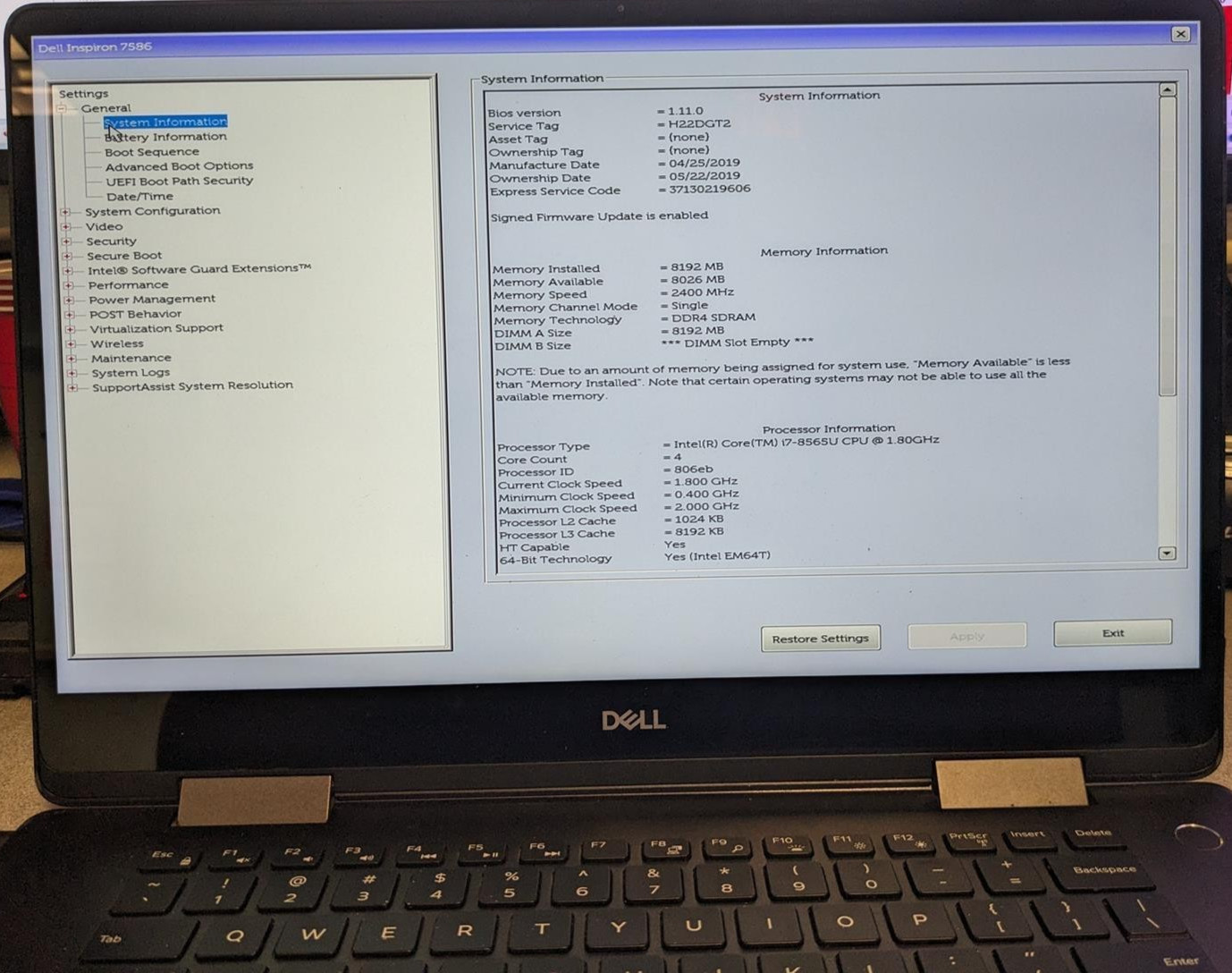 DELL INSPIRON 7586 2-IN-1 i7-8565U @ 1.80GHz, 8GB RAM, NO HDD/OS