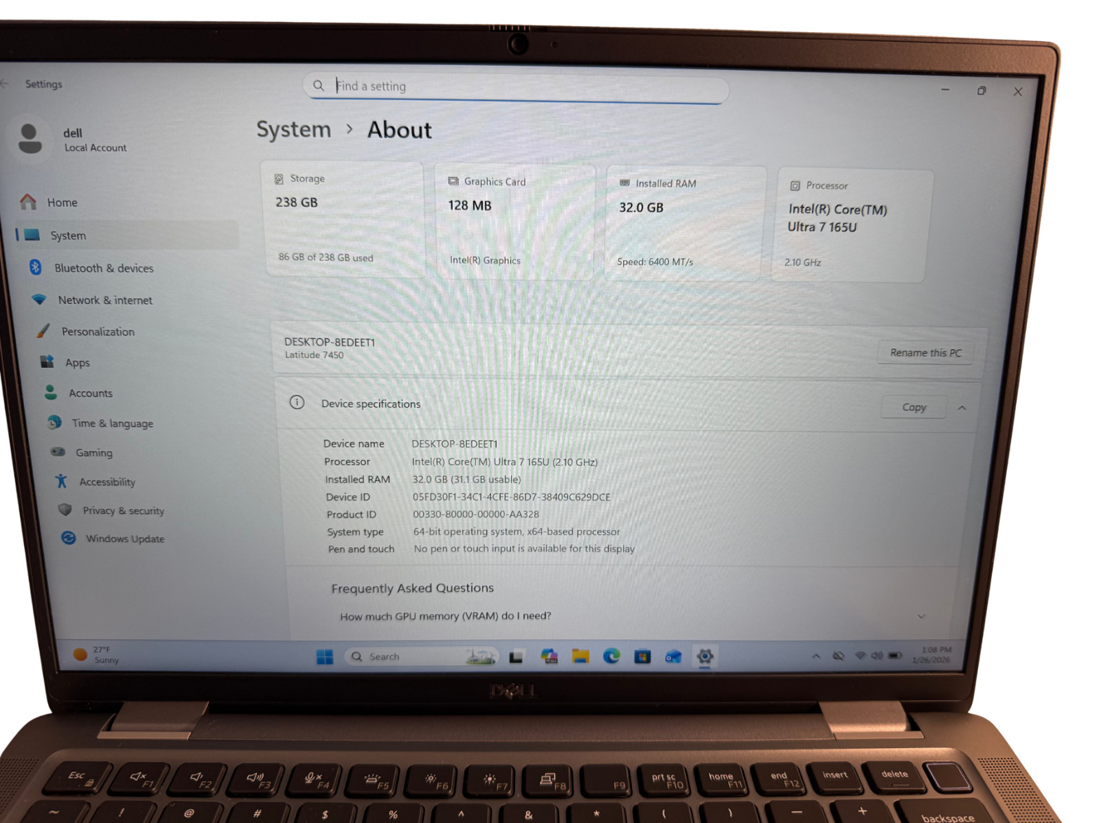 Dell Latitude 7450 14 FHD+ 2.1 GHz Ultra 7 165U 32GB RAM 256GB SSD Touch Screen