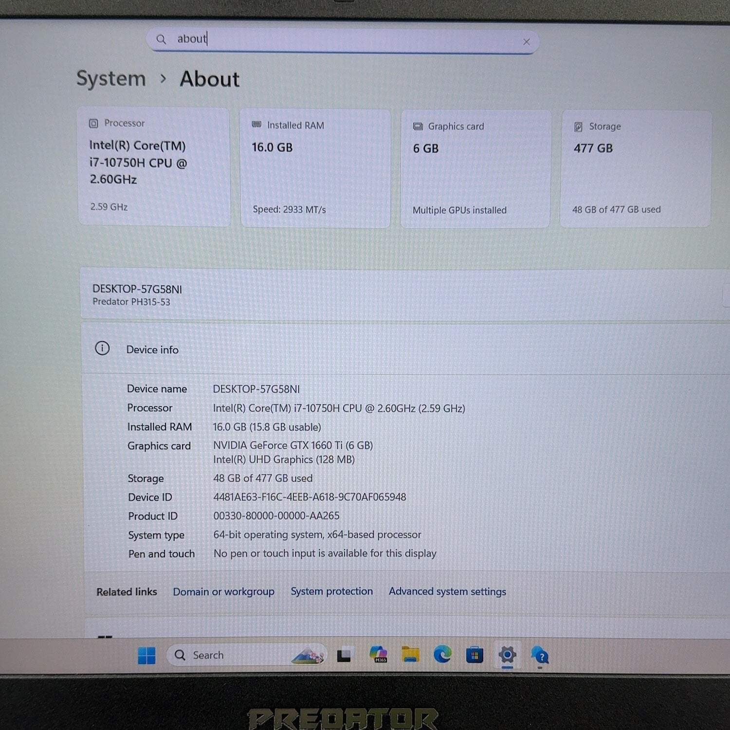 Broken Acer Predator Helios 300 i7-10750H 16GB RAM 512GB SSD GTX 1660 Ti READ