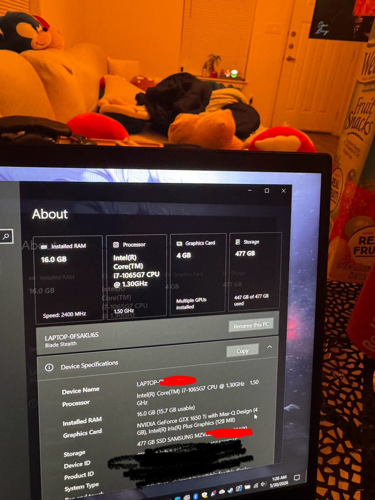 RAZER BLADE 13 GAMING LAPTOP i7 10th GEN.GTX 1650Ti/16GB RAM,500GB SSD+120hz