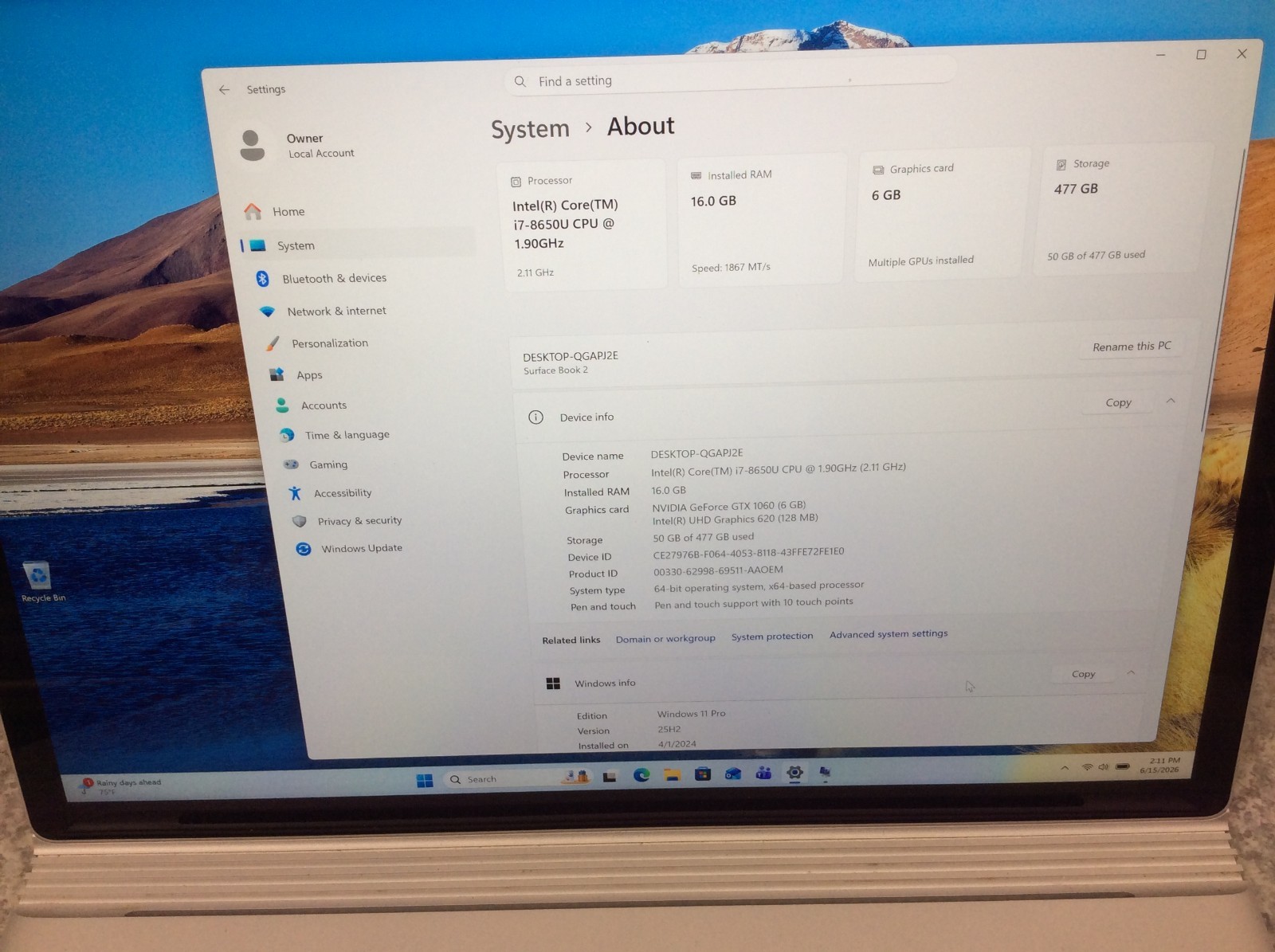 Microsoft Surface Book 2 15 TOUCH i7-8650U 1.9GHz 16GB 512GB NVIDIA GTX 1060 6GB
