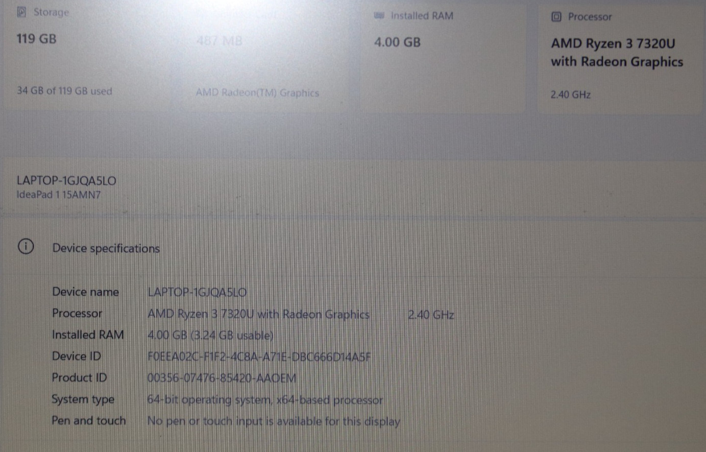 Lenovo IdeaPad 1 15AMN7 Laptop 15.6″ – (4gb ram, 128 ssd)