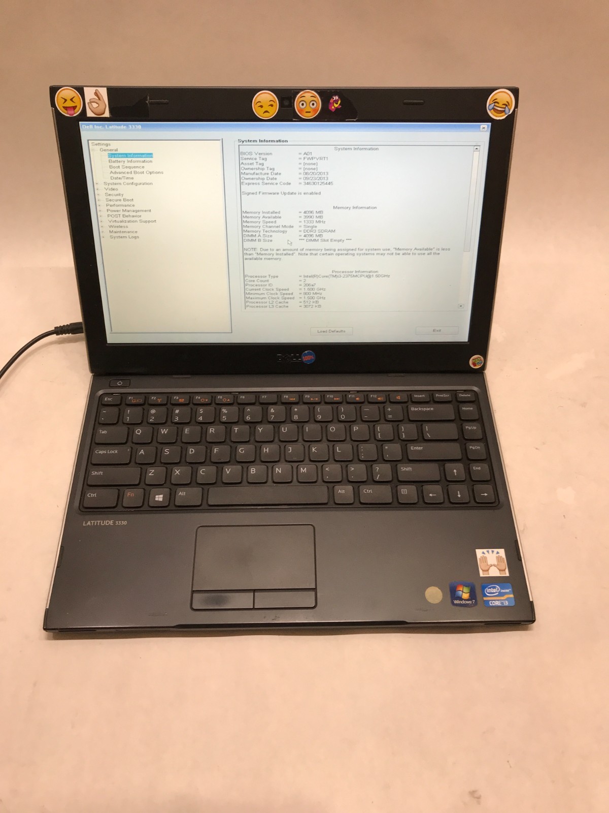 Dell Latitude 3330 13″ Intel Core i3 4GB RAM NO HDD/OS BOOTS TO BIOS NO BATT -DW
