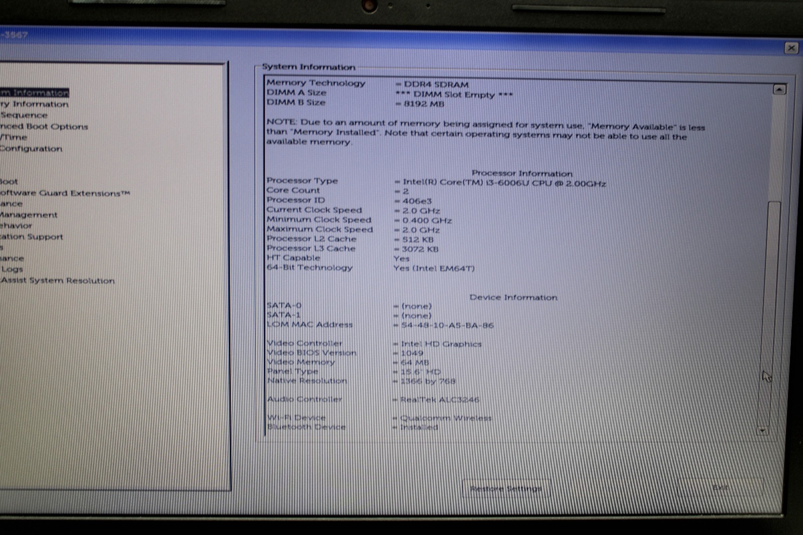 Dell Inspiron 15 3567 i3-6006U @ 2.00 GHz 8GB RAM No SSD No OS
