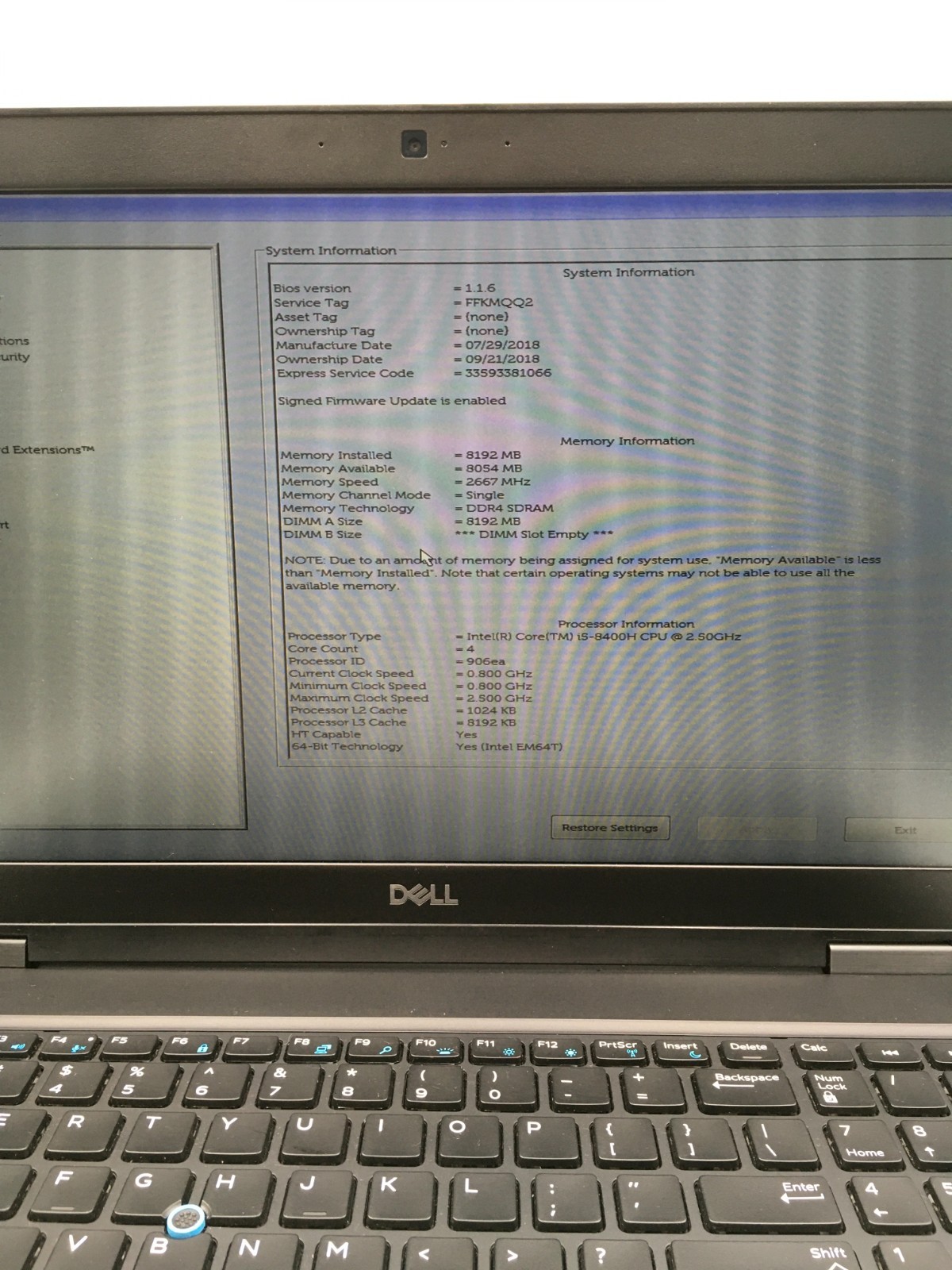 Dell Latitude 5591 15.6″ I5-8400H 8GB DDR4 RAM 128GB HDD 2.50GHz Win11 W/AC RS