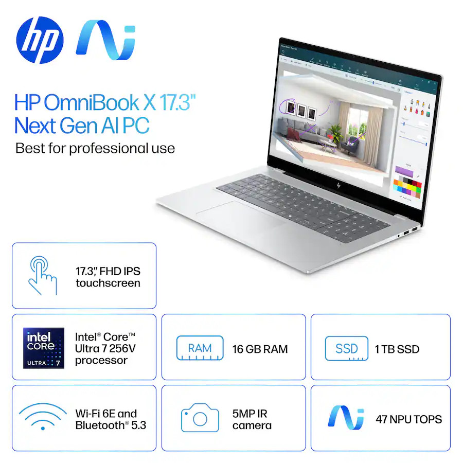 HP OmniBook X Copilot+ 17.3″ 2K Touch Laptop Intel Ultra 7 256 V, 16GB 512 SSD