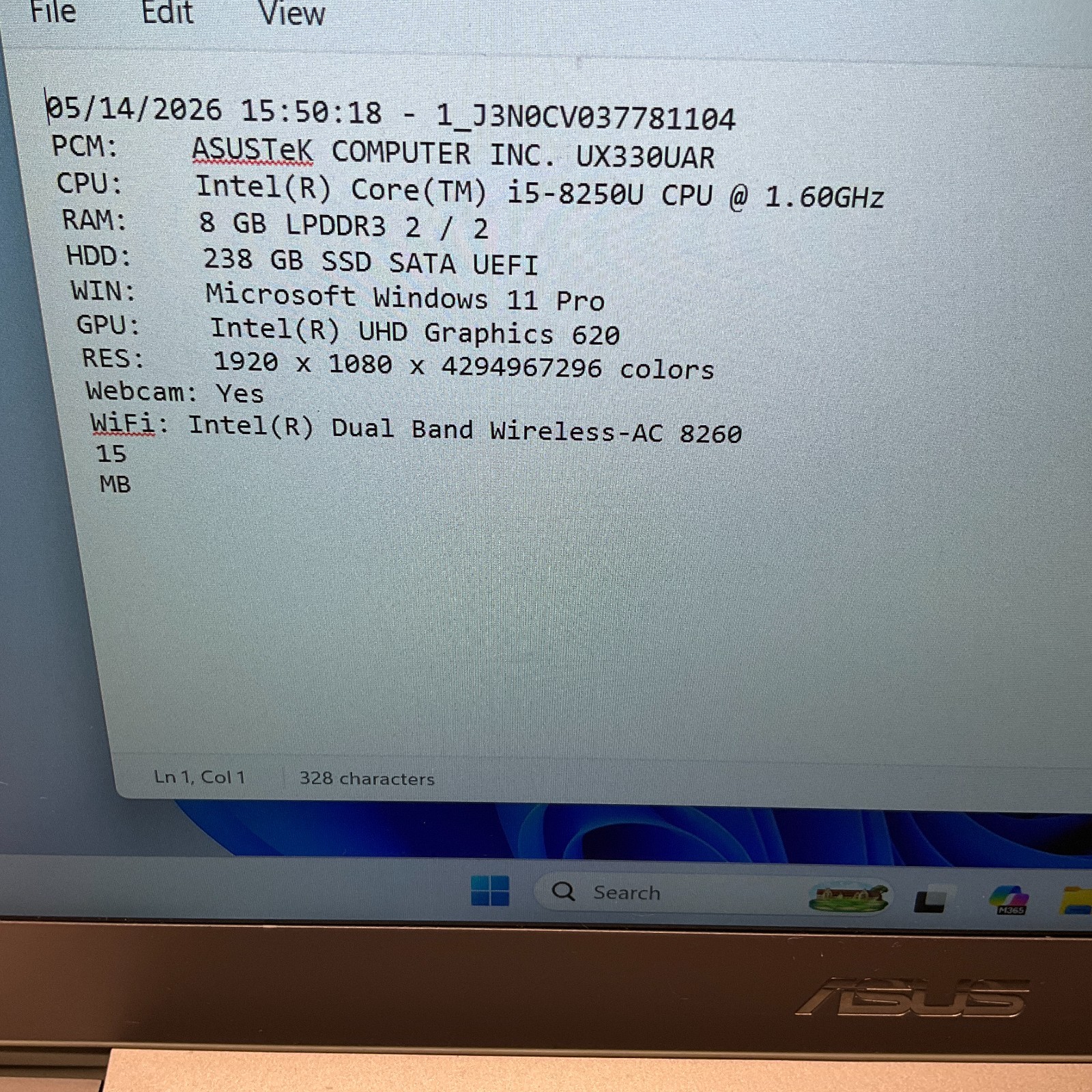 ASUS Notebook UX330UAK 13.3″ Laptop i5-7200U @ 2.50 GHz 8GB 128GB SSD Win 10 Pro