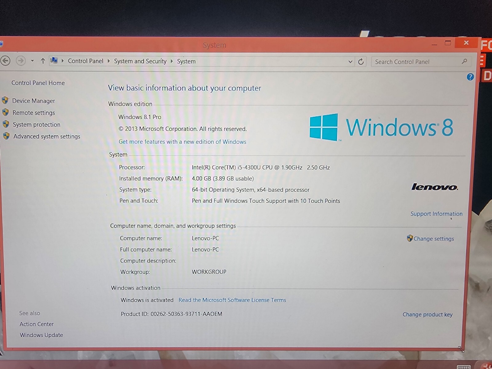 LENOVO YOGA 20CD INTEL CORE i5-4300U 1.90GHz 4GB RAM 180gb Ssd Win8.1 Pro READ