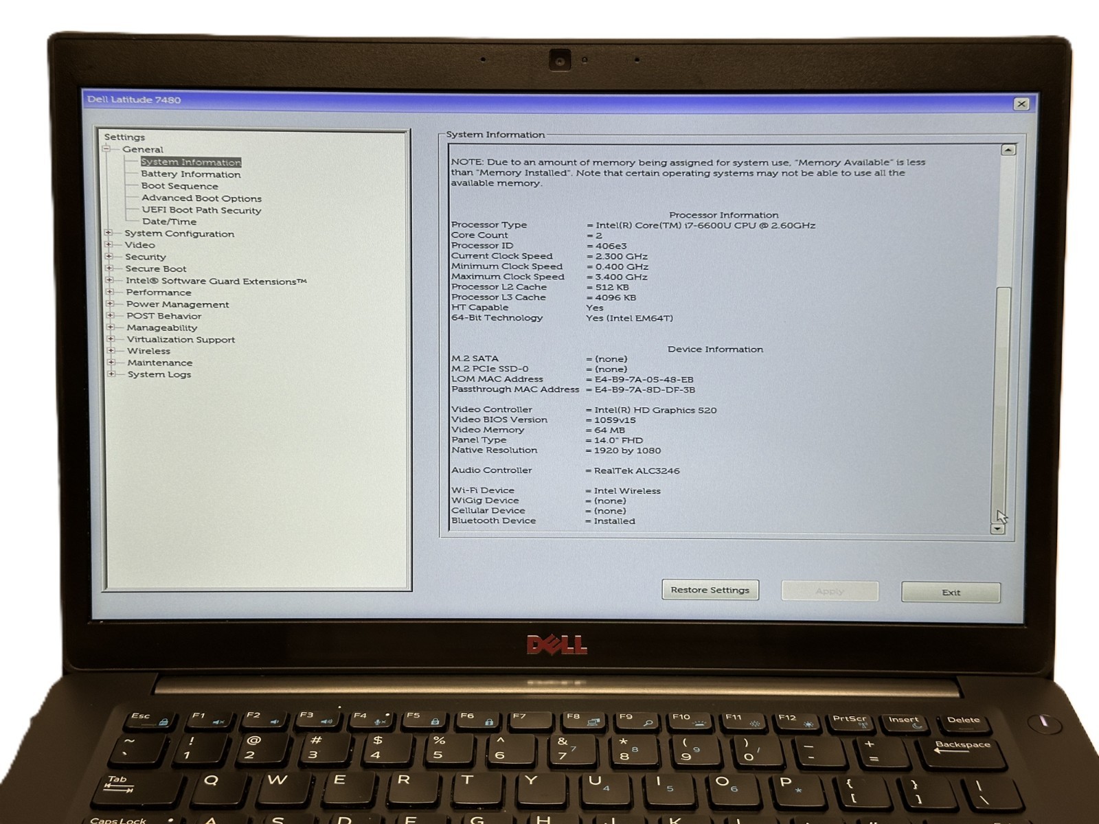 Dell Latitude 7480 14” i7-6600U 2.6 GHz | ✅ BIOS | Component Issue See Note