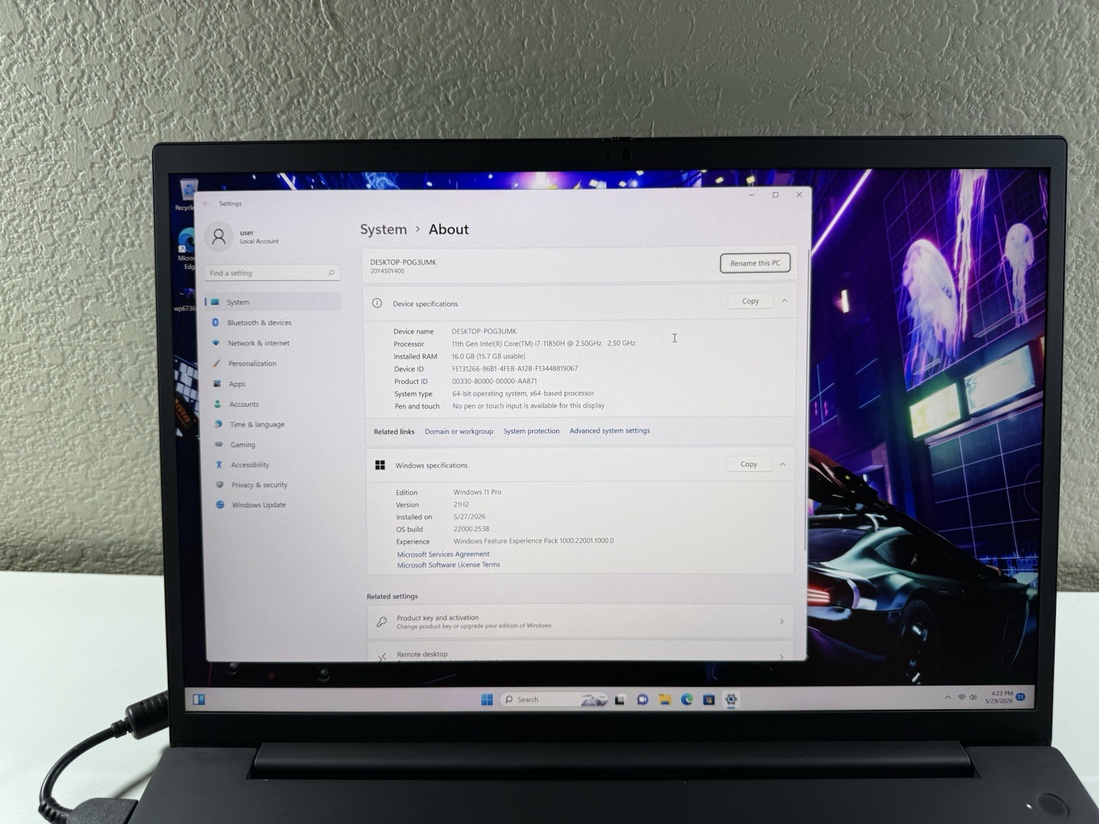 LENOVO THINKPAD P1 Gen 4 2K I7-11850H 512GB 16GB NVIDIA T1200 WIN11 NO BATTERY