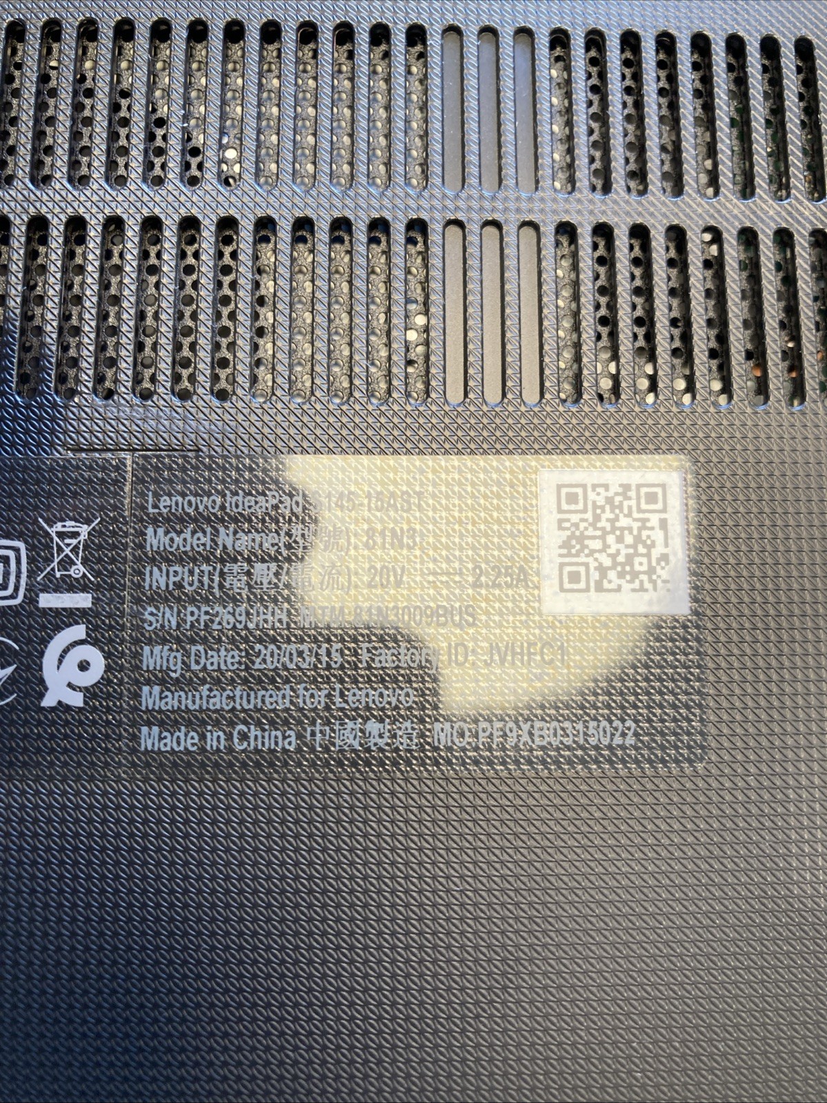 Lenovo IdeaPad S145-15AST AMD A6-9225 W/RADEON R4 8GB NO HDD/OS