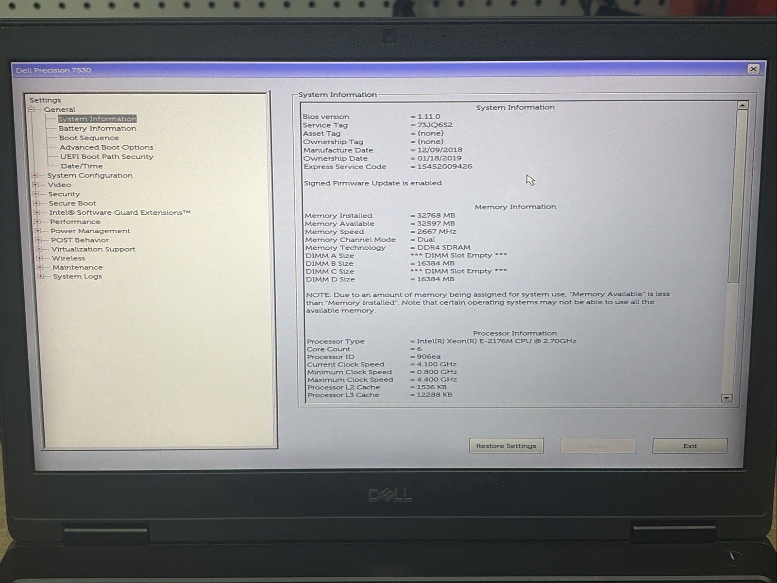 Dell Precision 7530 15.6″ UHD E-2176M 32GB RAM 256GB SSD Quadro P2000 No OS