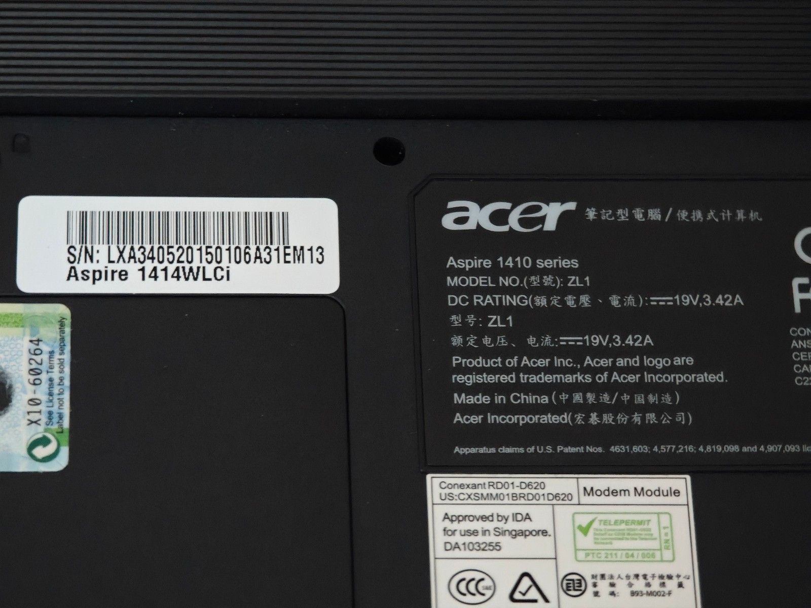 Acer Aspire 1414WLCi ZL1 1410 – 40GB HDD, 512MB RAM, Intel Celeron M, Win XP