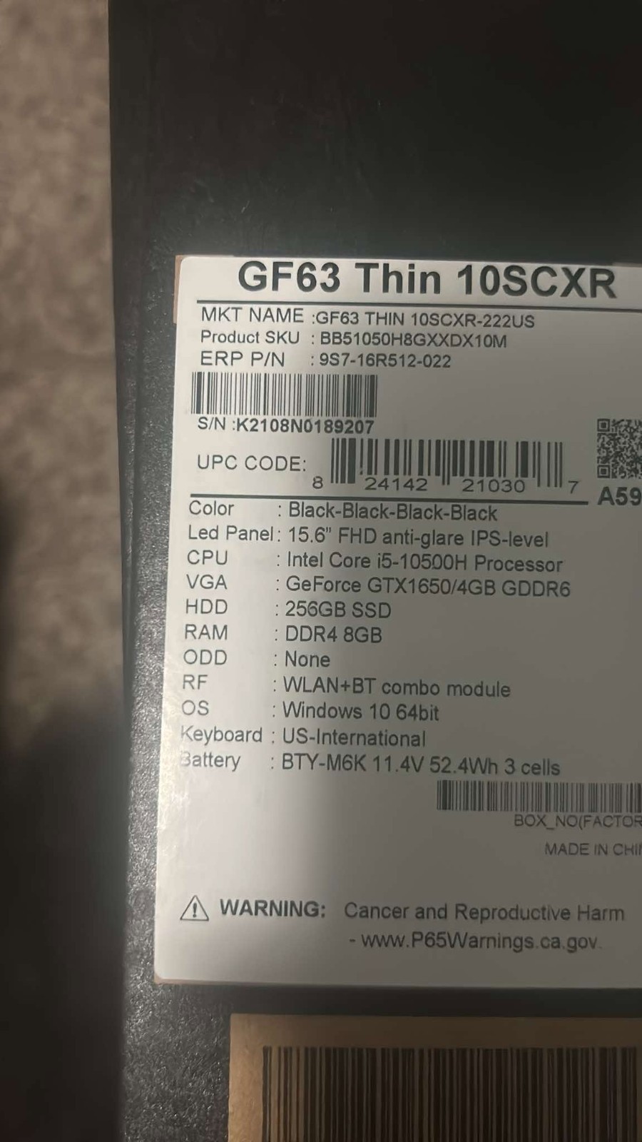 MSI GF63 Thin 10SCXR-222US 15.6″ 8GB 256GB SSD Core i5-10500H 2.5GHz Win10H, 