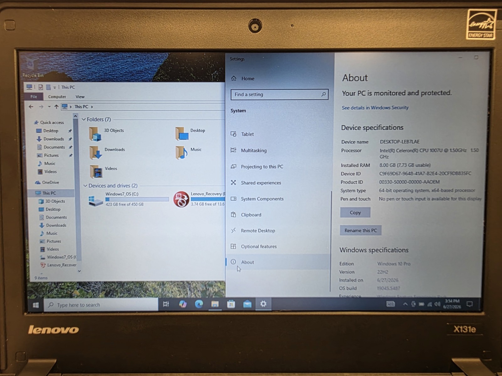 Lenovo ThinkPad X131e 11.6″ Windows 10 PRO Intel I3 8GB RAM 500GB SSD +Charger