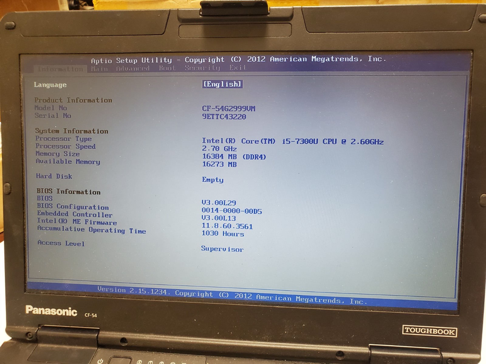 Panasonic Toughbook CF-54 Core i5-7300U 2.60GHz 16GB No HDD