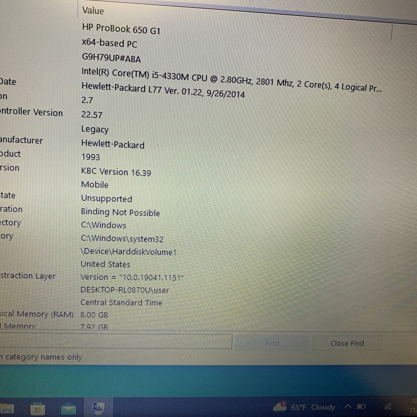 HP PROBOOK 650 G1 I5-4330M 2.30 GHZ 8 GB RAM 320GB HD Win 10
