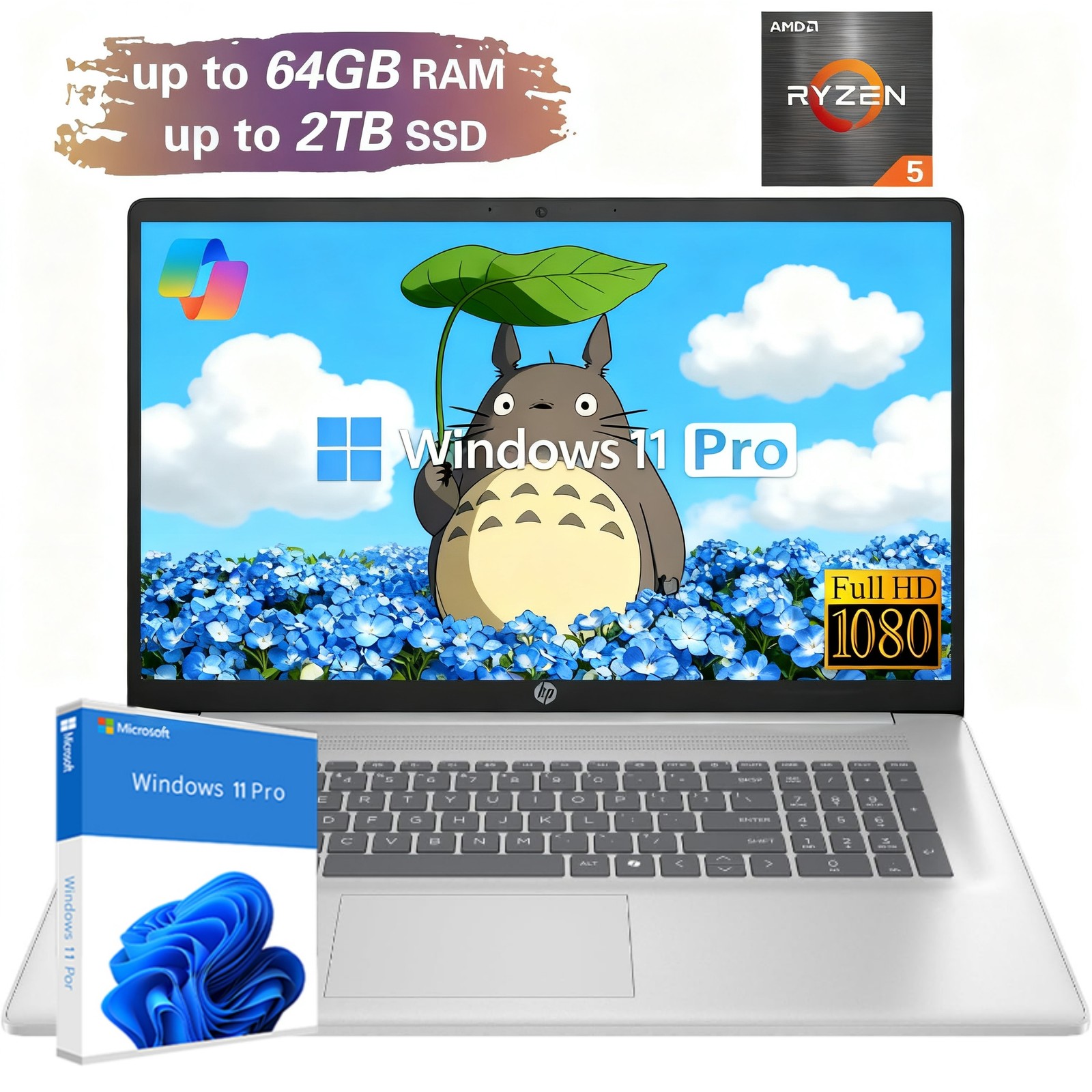 HP Laptop 17.3 in Touch Screen 6 core AMD Ryzen 5 UpTo 64GB DDR4 RAM 4TB Win Pro