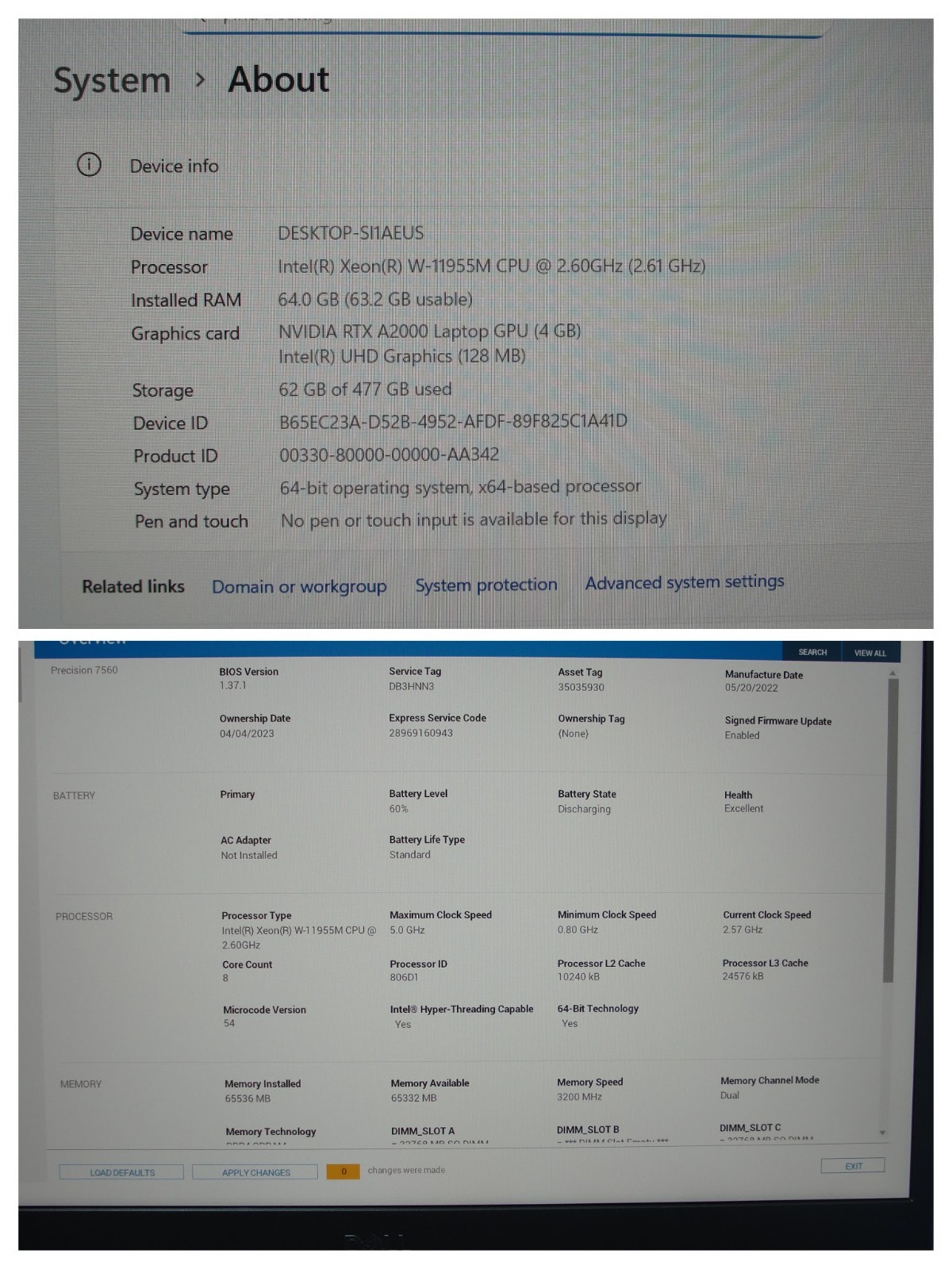 Dell Precision 7560 15.6″ FHD Xeon W-11955M 2.6GHz 64GB 512GB Win11Pro RTX A2000