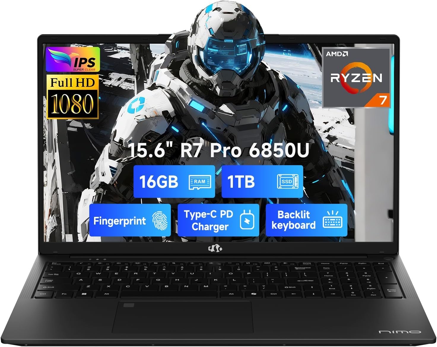 NIMO 15.6 Light Gaming Laptop 8 Cores AMD Ryzen 7 Pro 6850U 16GB LPDDR5 RAM 1TB