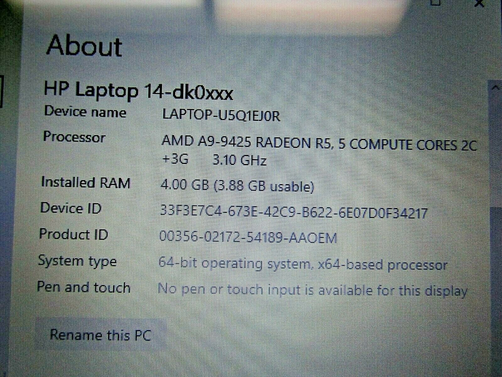 HP Laptop Silver 14-dk0002dx 14″ AMD A9-9425 Radeon RS 3.1 GHz – PARTS OR REPAIR