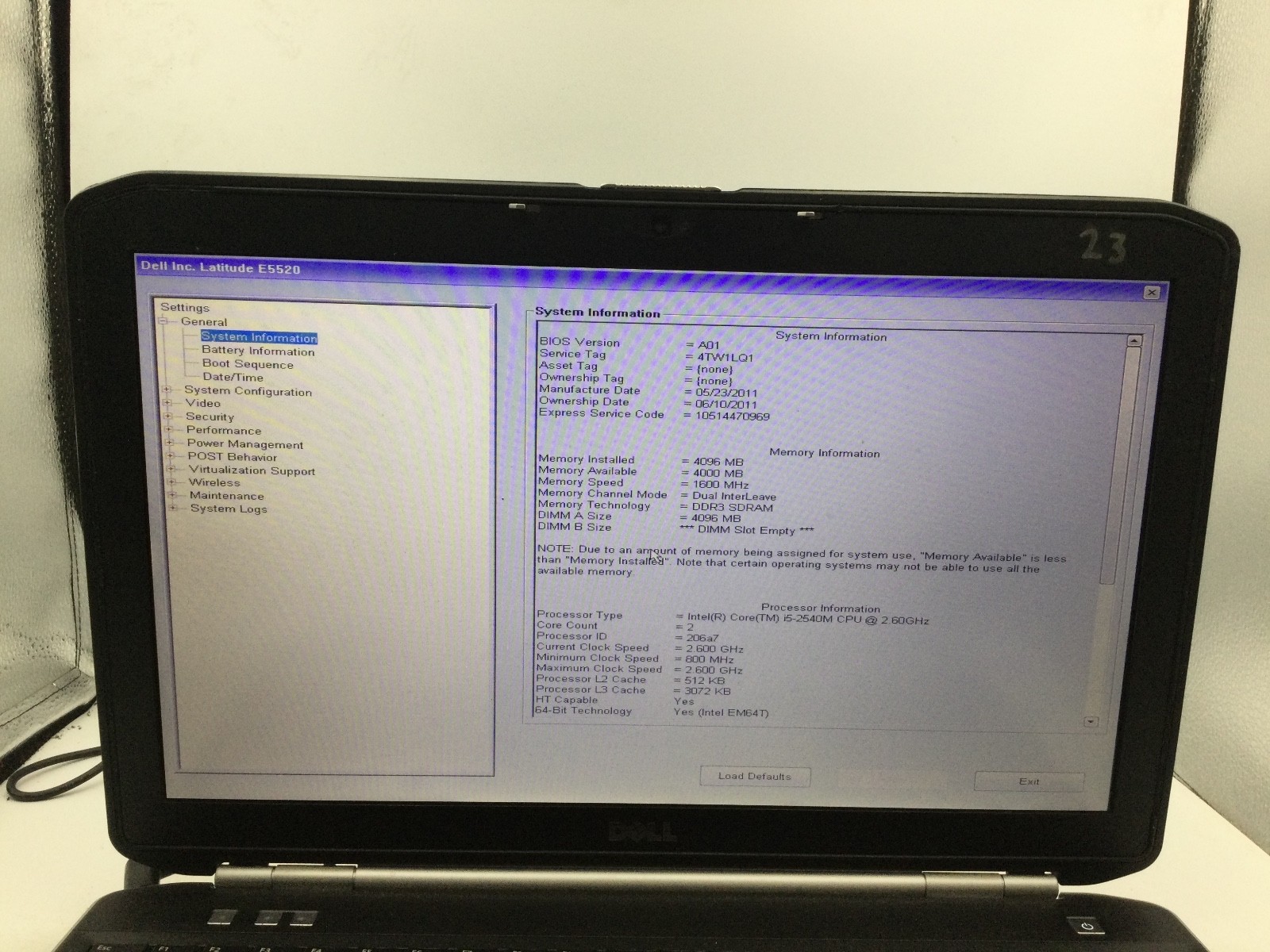 DELL LATITUDE E5520 – BOOTS TO BIOS – INTEL I5 2540 – NO RAM – 15″ – READ – BB!