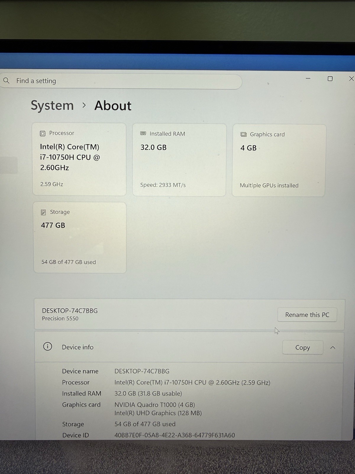 Dell Precision 5550 I7-10750H 512 32GB NVIDIA T1000 WIN 11 Pro NO BATTERY