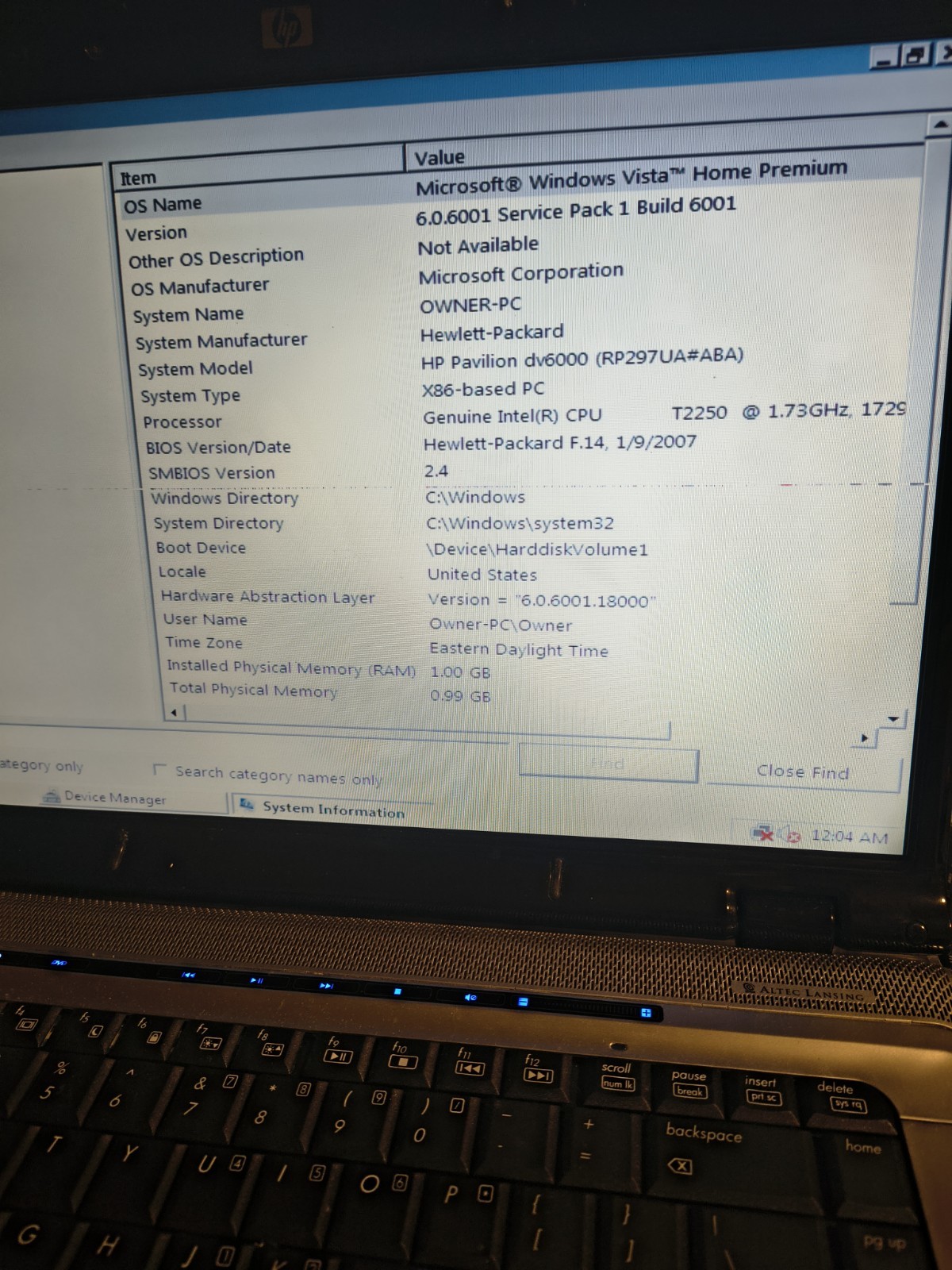 HP Pavilion dv6000 15.4in Intel Pentium T2250 1GB Ram Windows Vista Screen Line