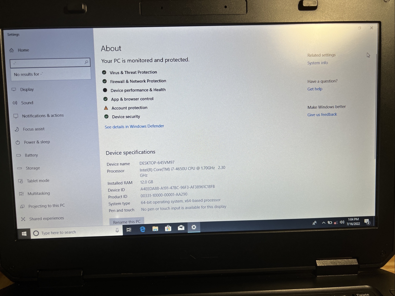 Dell Latitude 14 Rugged 5404 i7-4650U 1.7ghz 12GB RAM 480SSD NOTouch W10P No Cam