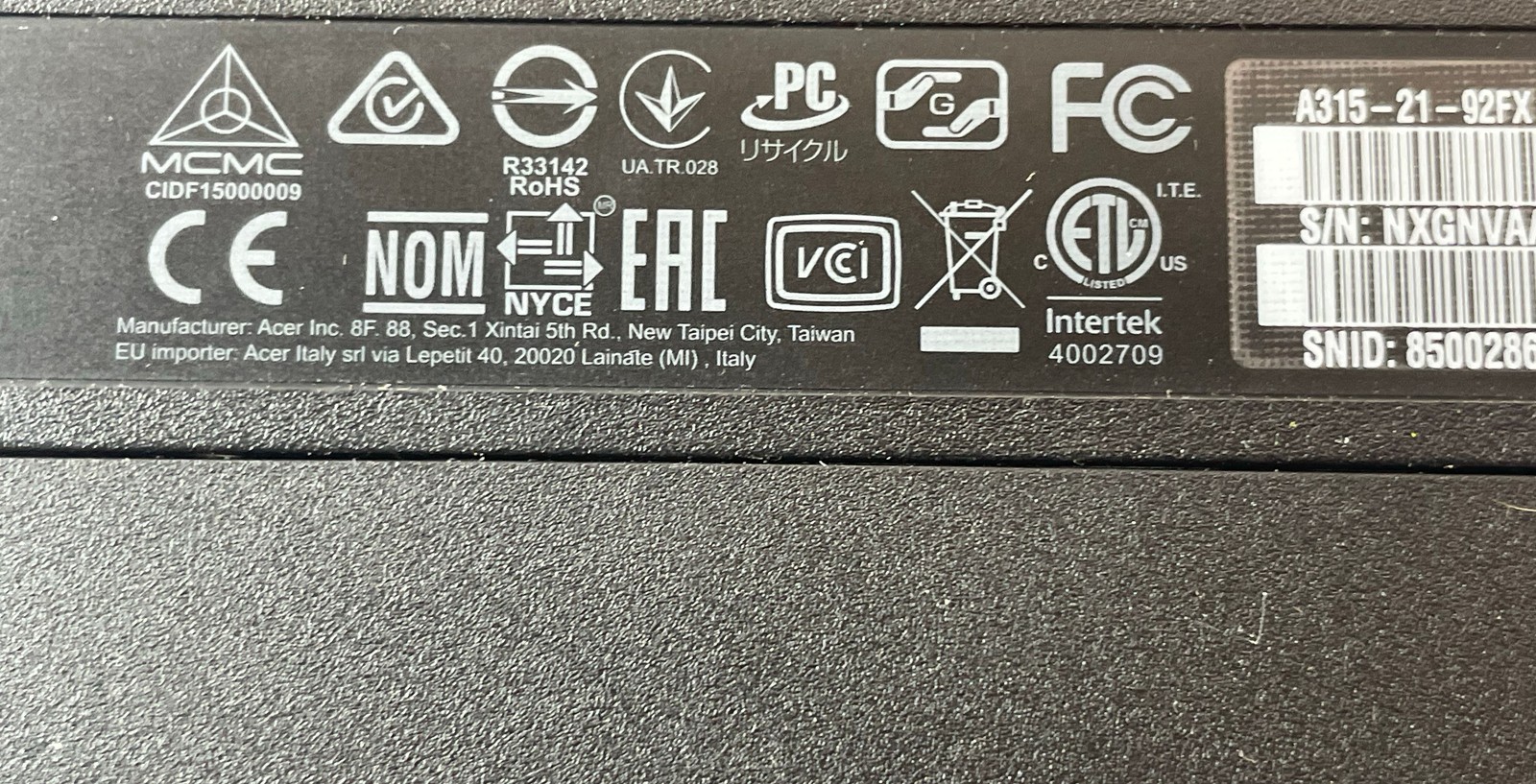 Acer Aspire 3 A315-21-92FX S/N NXGNVAA01785006FCE7600 15.6″ Laptop FOR PARTS