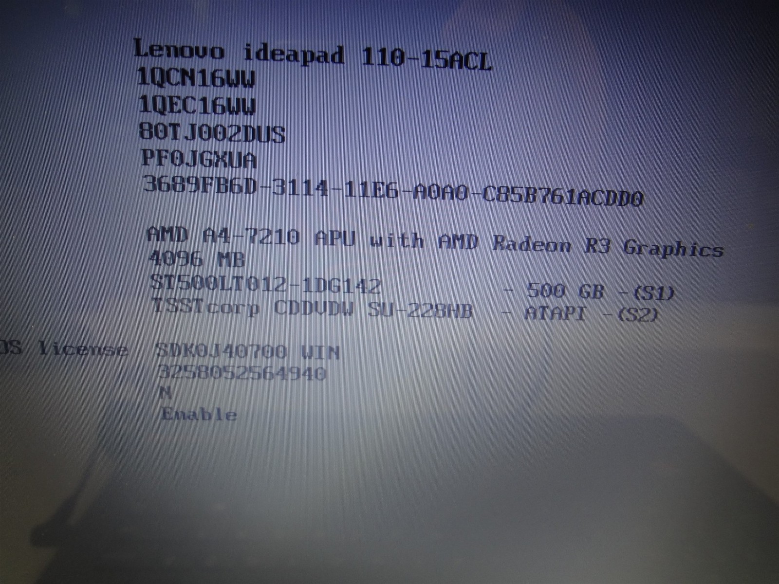 Lenovo Ideapad 110-15ACL 15.6″ AMD A4 500GB HDD 4GB Ram Bad Battery Boot Issues