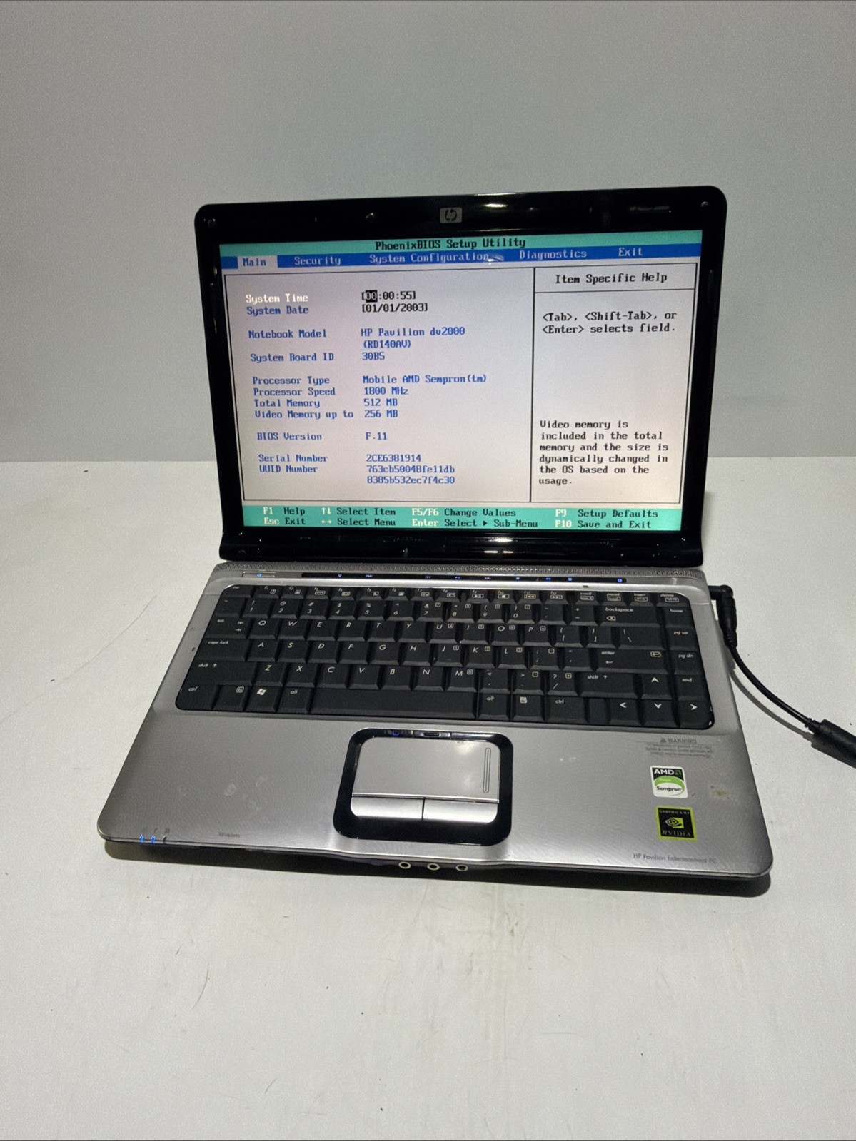 Hp Pavilion DV2000 14″ Laptop Mobile AMD Sempron 512MB Ram NO Drives Boots Bios
