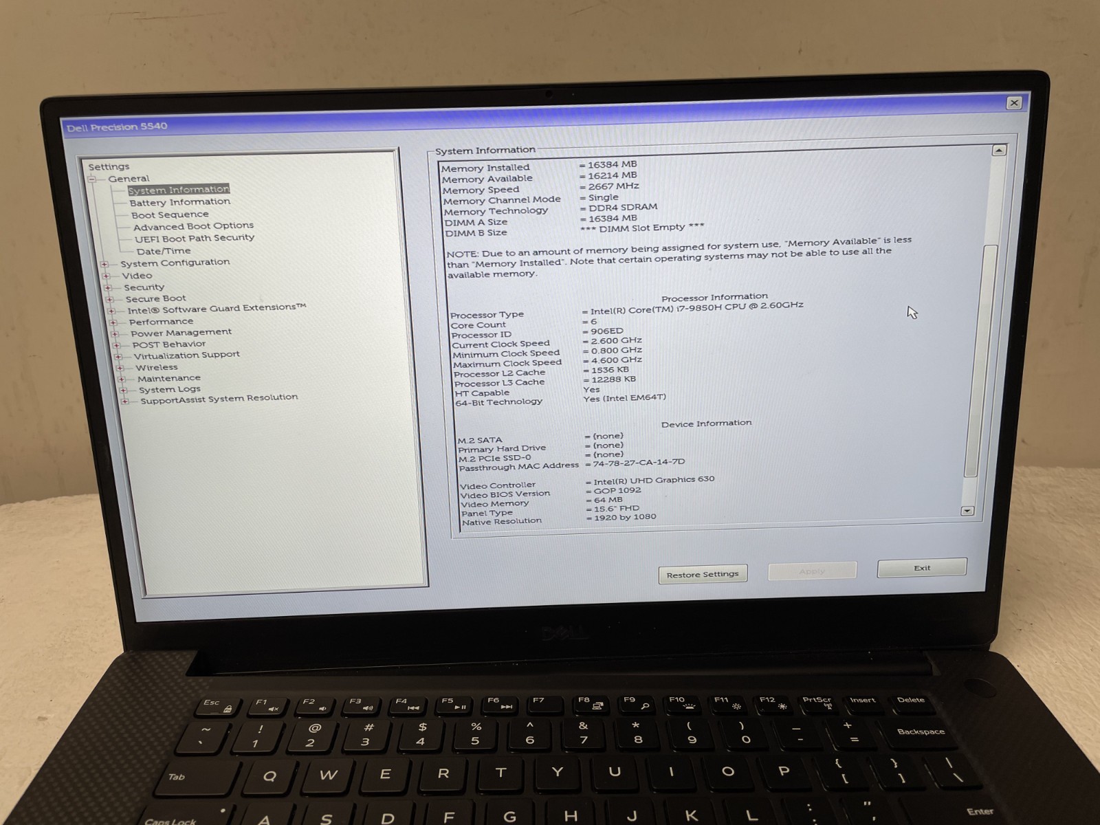 Dell Precision 5540 15.6″ Intel Core i7-9850H @2.60GHz 16GB RAM NO SSD Part READ