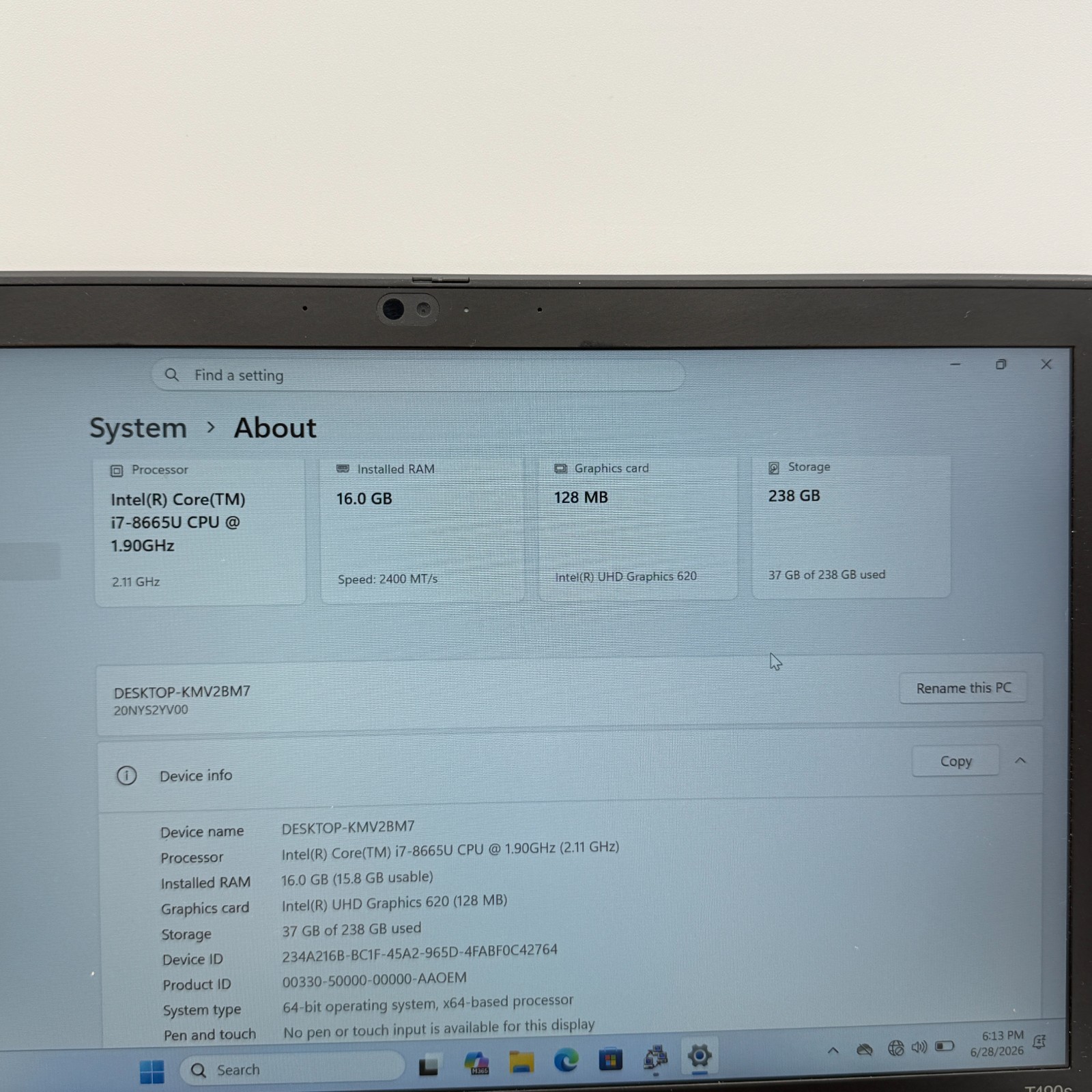Lenovo ThinkPad T490s i7-8665U 16GB 256GB SSD Win11Pr Fingerprint LTE LaptopREAD