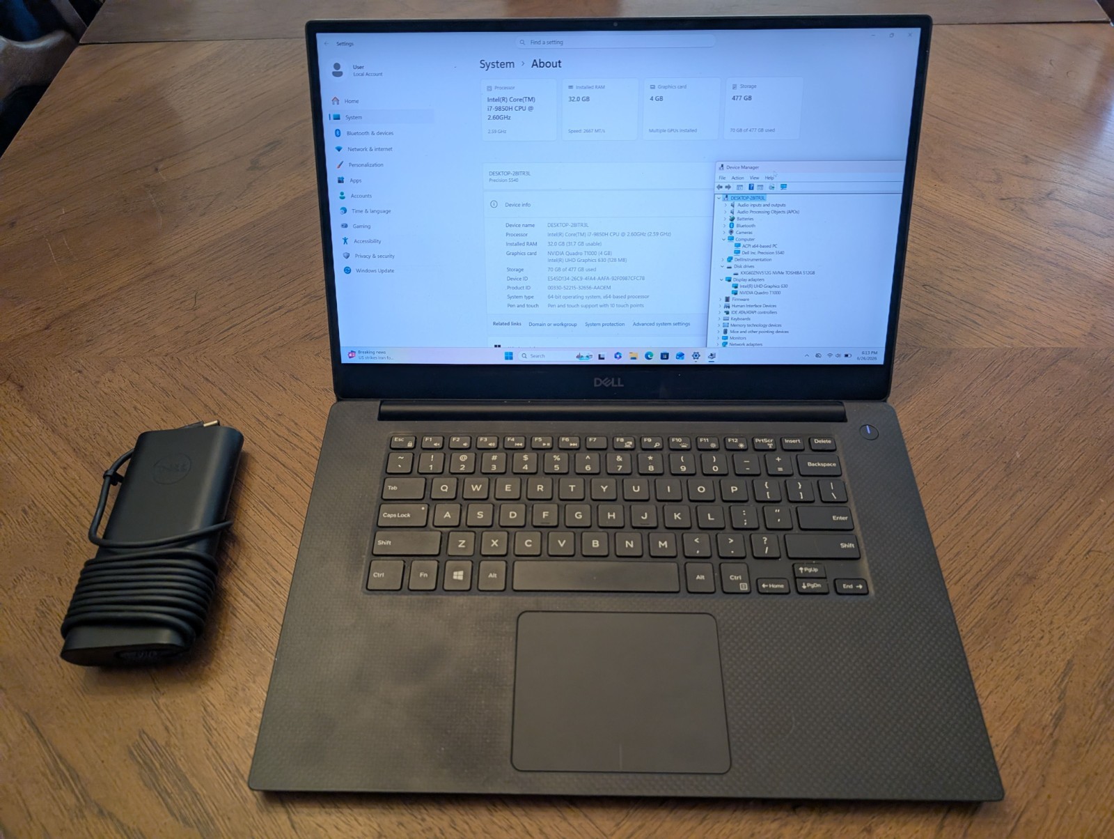 Dell Precision 5540 15.6″ Core i7-9850H 32GB RAM 512GB SSD Quadro T1000 Win 11