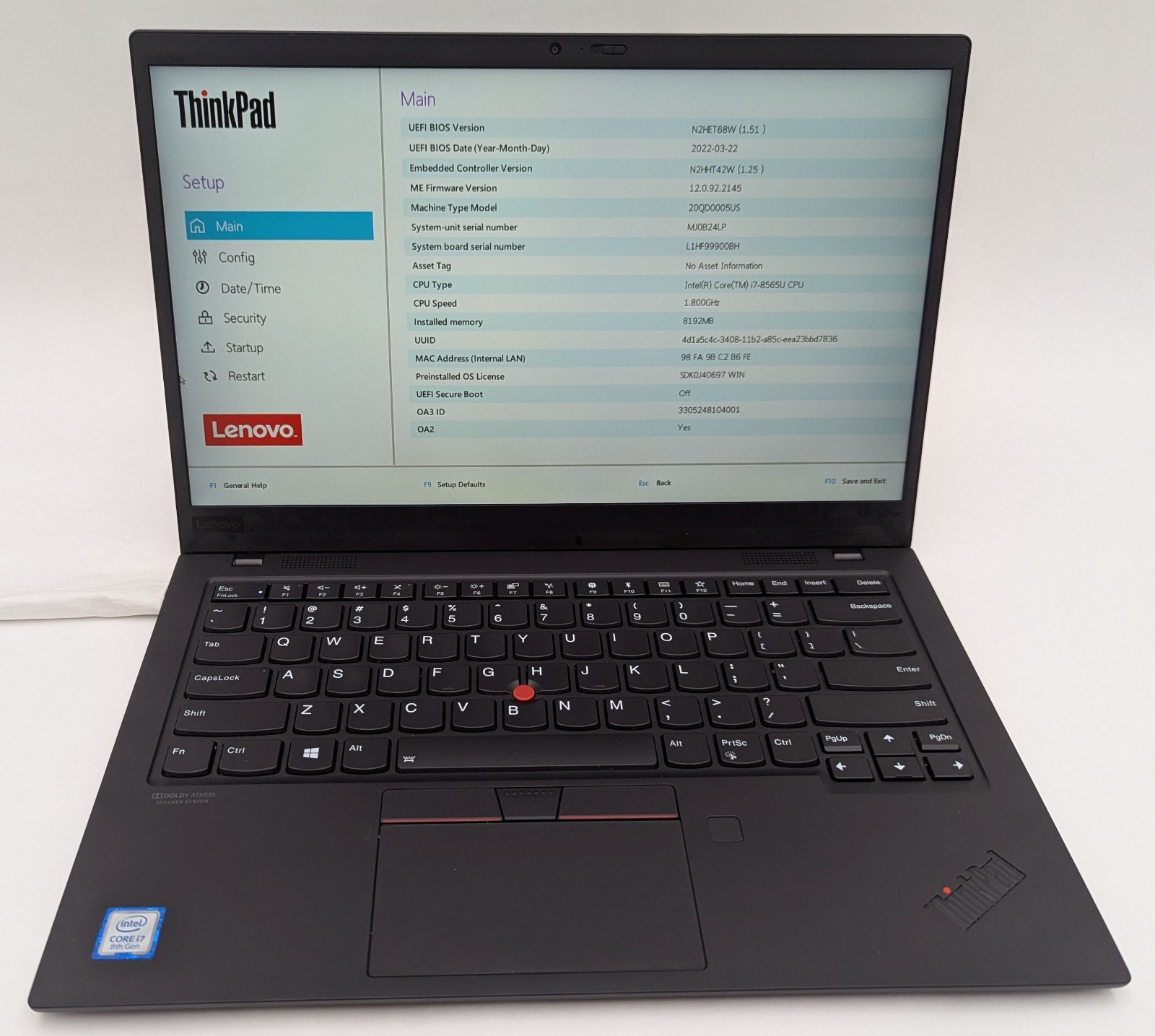 Incomplete Lenovo ThinkPad X1 Carbon 7th Gen 14″ Touch Laptop i7-8565U 8GB RAM