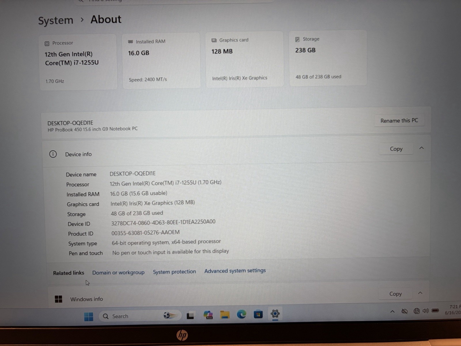 HP PROBOOK 450 G9 15.6” FHD LAPTOP INTEL i7-1255U 16GB RAM 256GB SSD W11P
