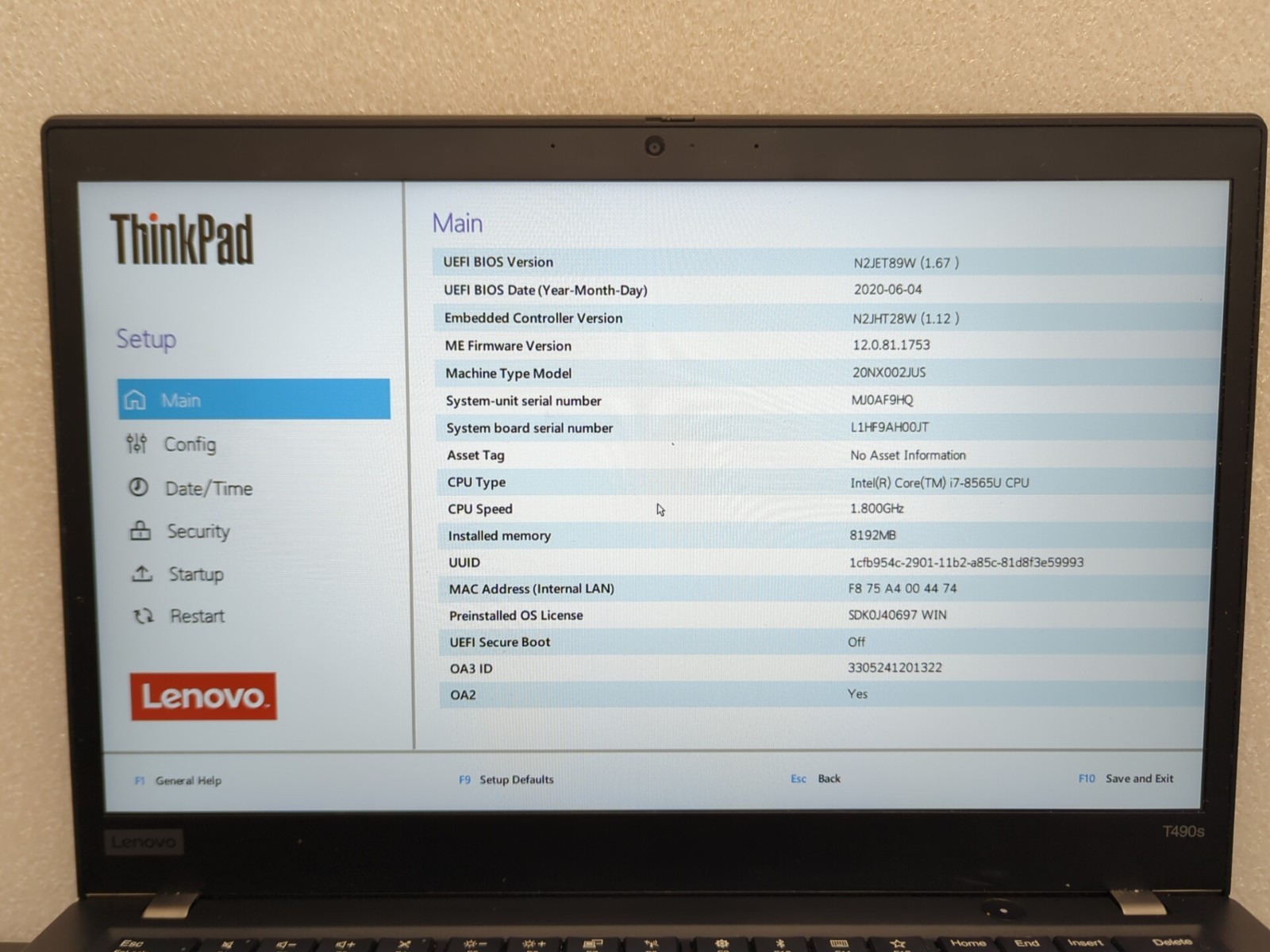 Lenovo ThinkPad T490s | i7-8565U | Touchscreen | 8GB RAM | NO SSD